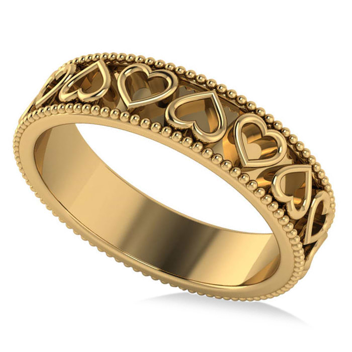 Carved Heart Shaped Wedding Ring Band 14k Yellow Gold