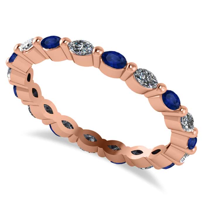 Diamond & Blue Sapphire Marquise Wedding Ring Band 14k Rose Gold (0.74ct)