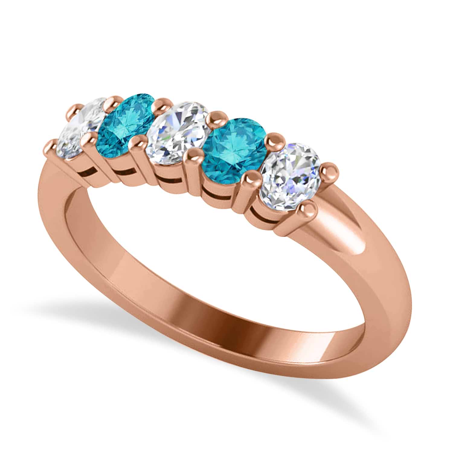 Oval Blue & White Diamond Five Stone Ring 14k Rose Gold (1.00ct)