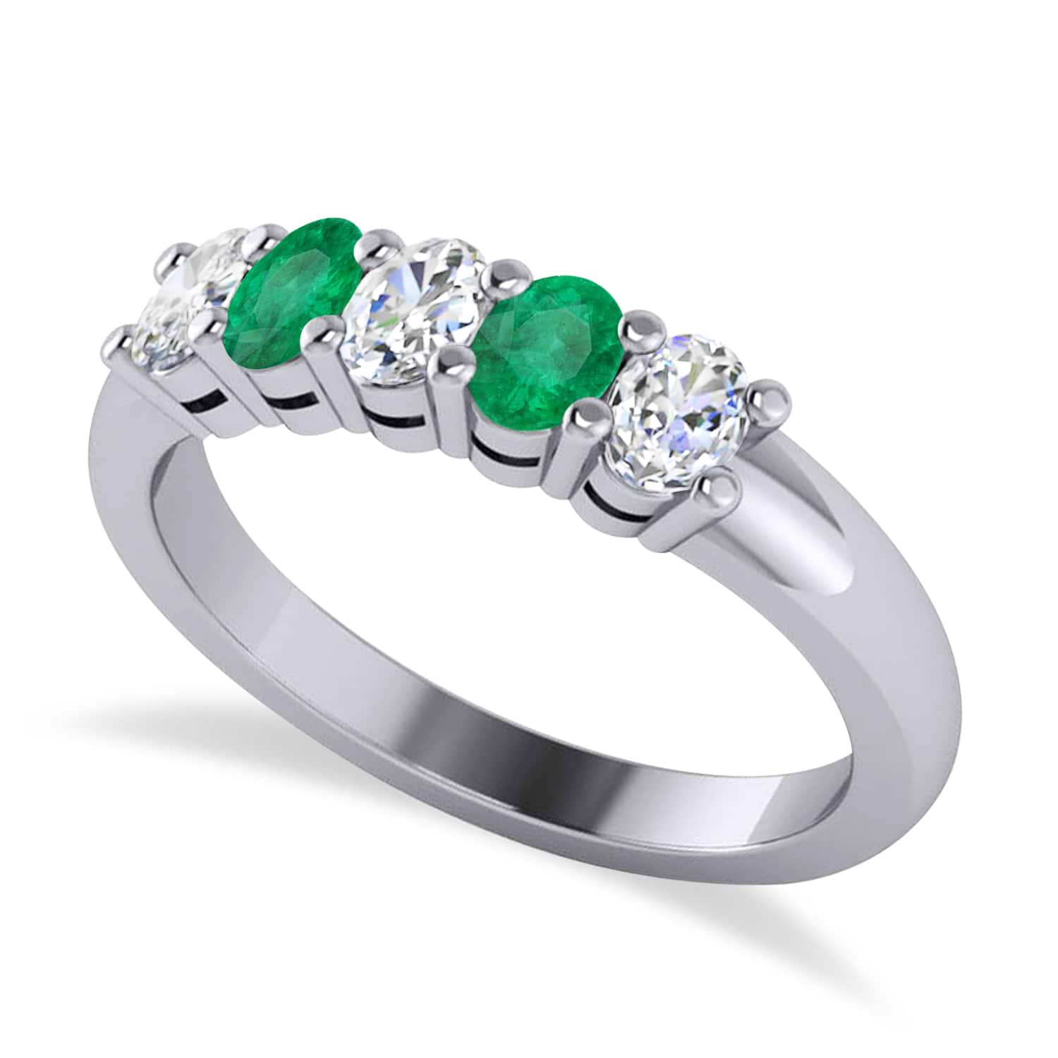 Oval Diamond & Emerald Five Stone Ring 14k White Gold (1.00ct)