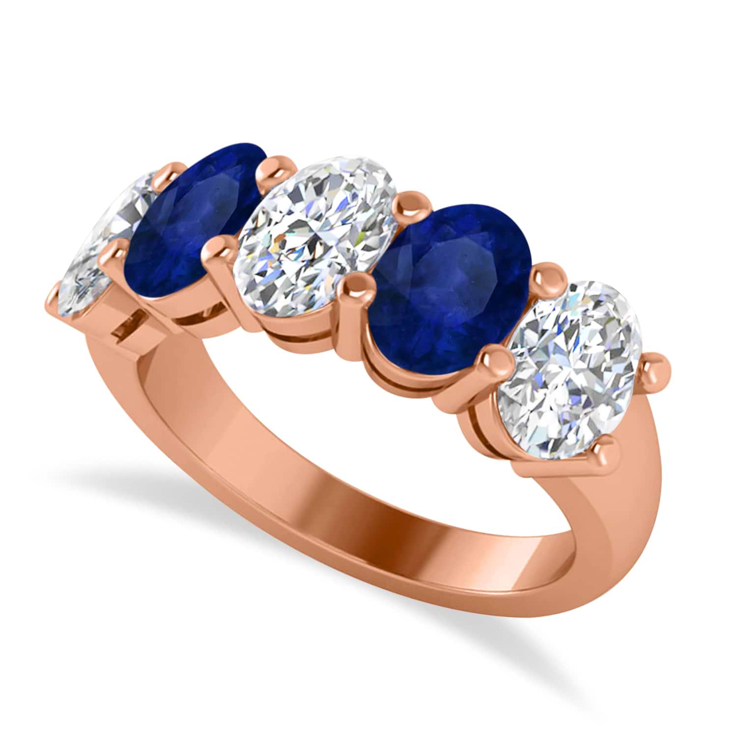 Oval Diamond & Blue Sapphire Five Stone Ring 14k Rose Gold (5.00ct)