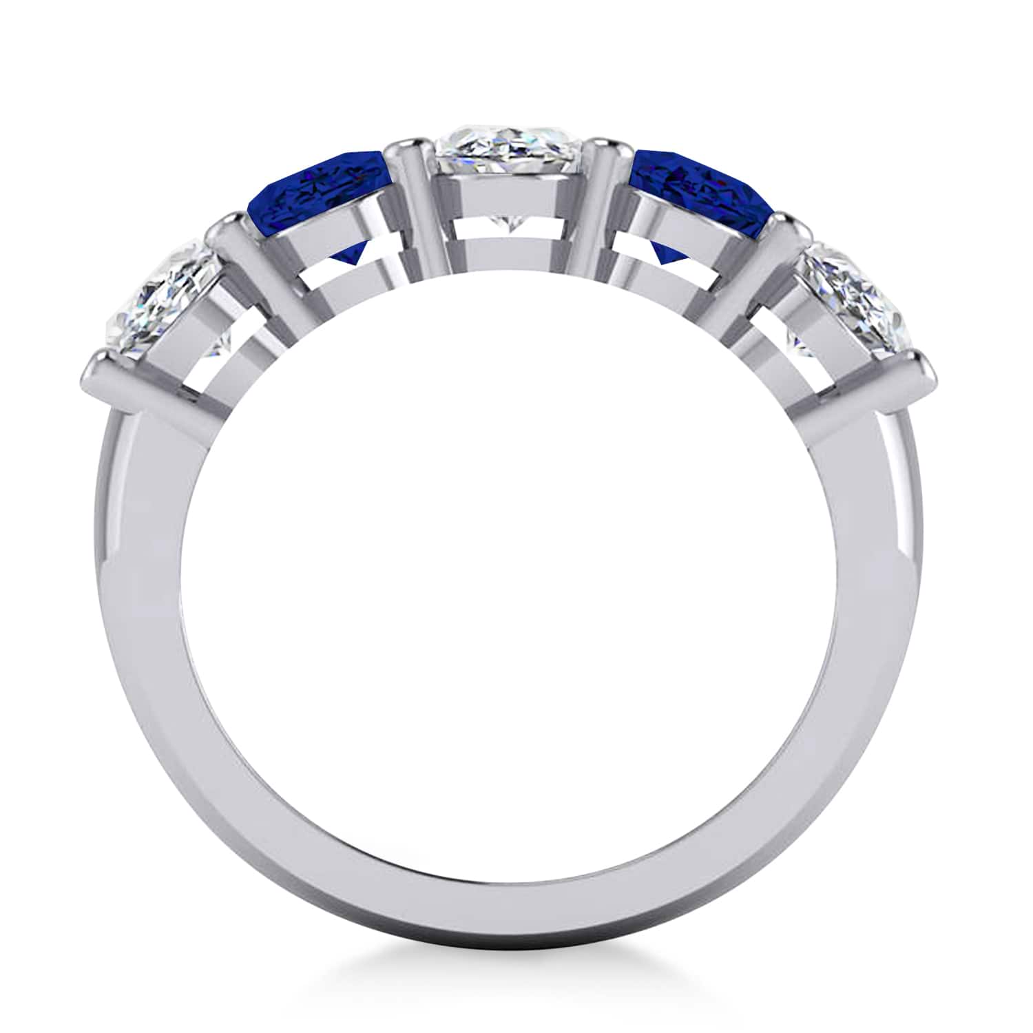 Oval Diamond & Blue Sapphire Five Stone Ring 14k White Gold (5.00ct)