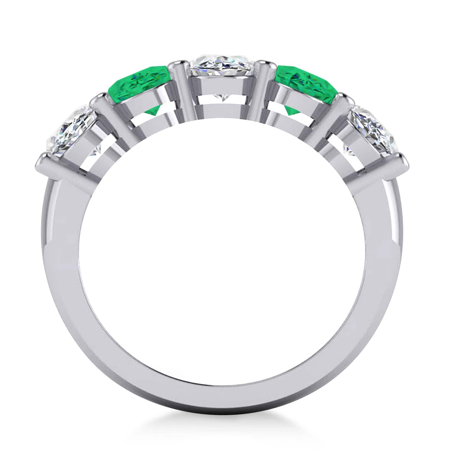 Oval Diamond & Emerald Five Stone Ring 14k White Gold (4.70ct)