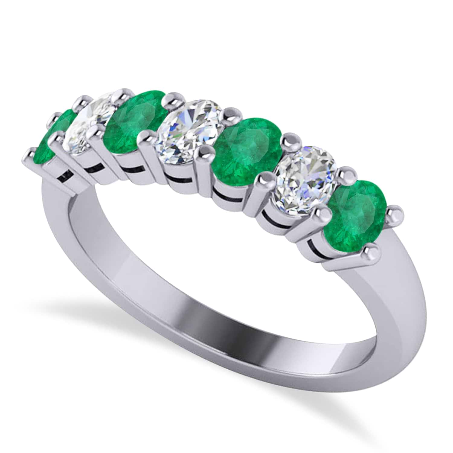 Oval Diamond & Emerald Seven Stone Ring 14k White Gold (1.40ct)