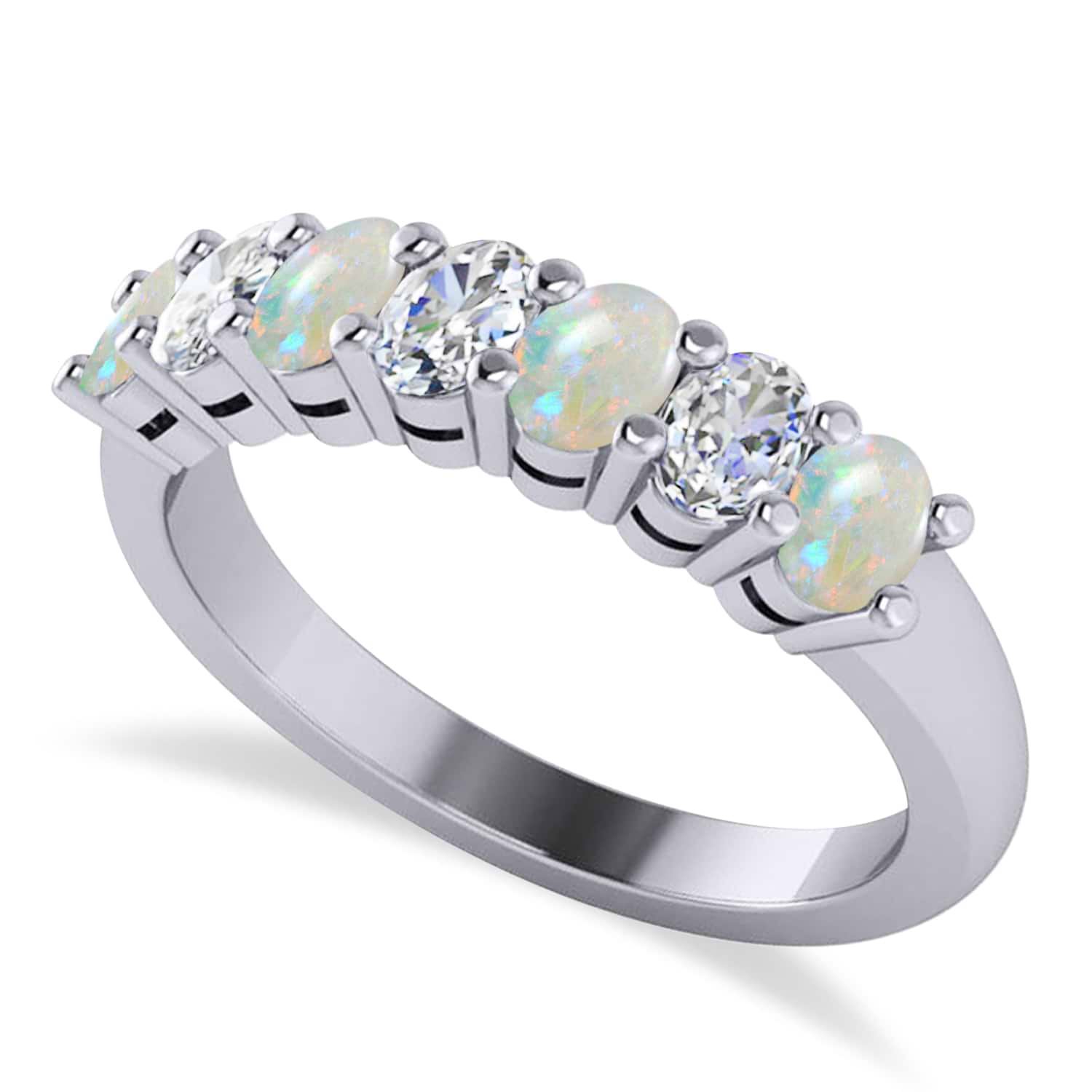 Oval Diamond & Opal Seven Stone Ring 14k White Gold (1.40ct)