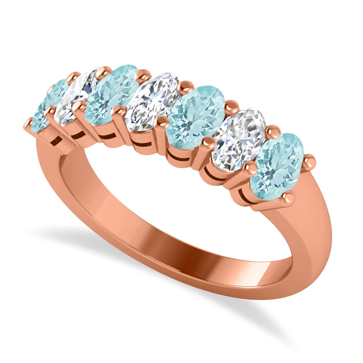 Oval Diamond & Aquamarine Seven Stone Ring 14k Rose Gold (1.55ct)