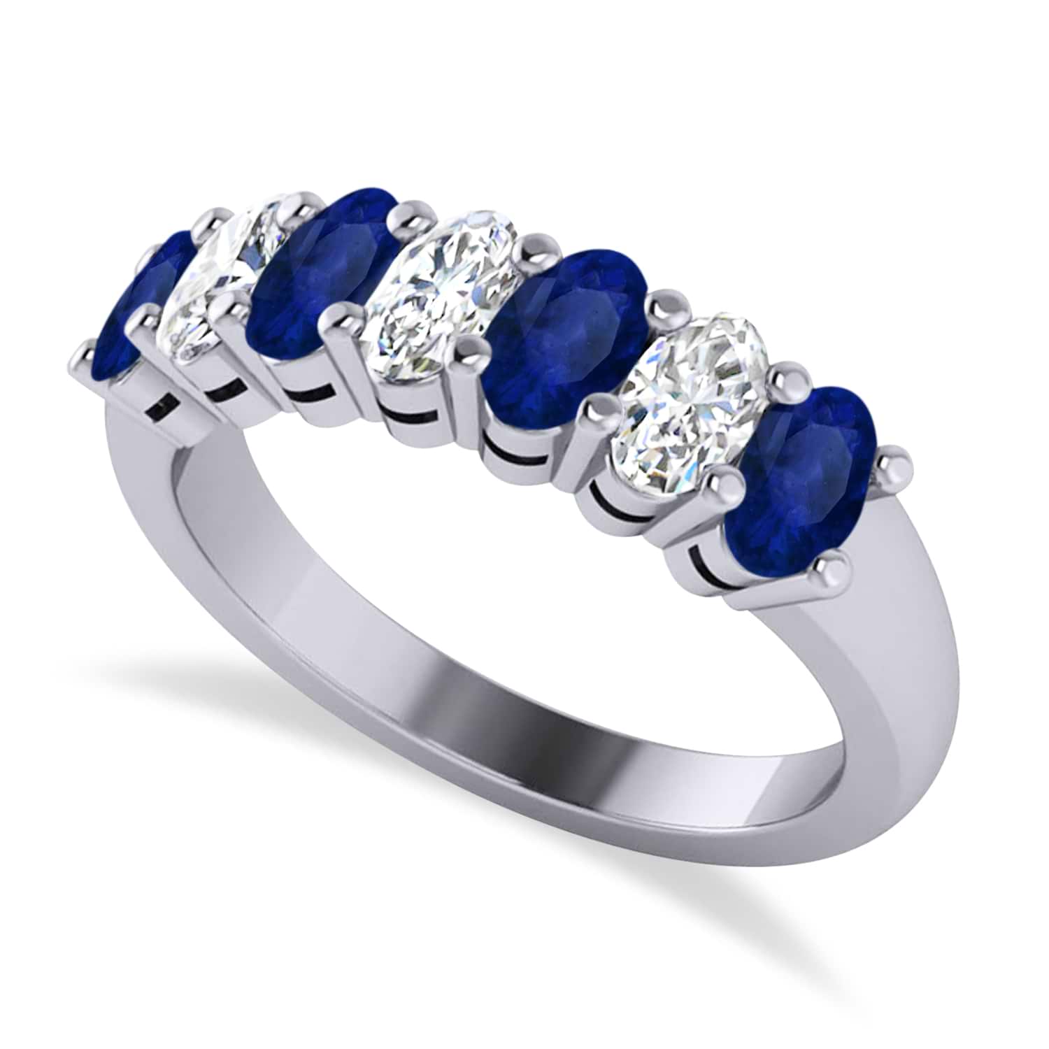 Oval Diamond & Blue Sapphire Seven Stone Ring 14k White Gold (2.15ct)