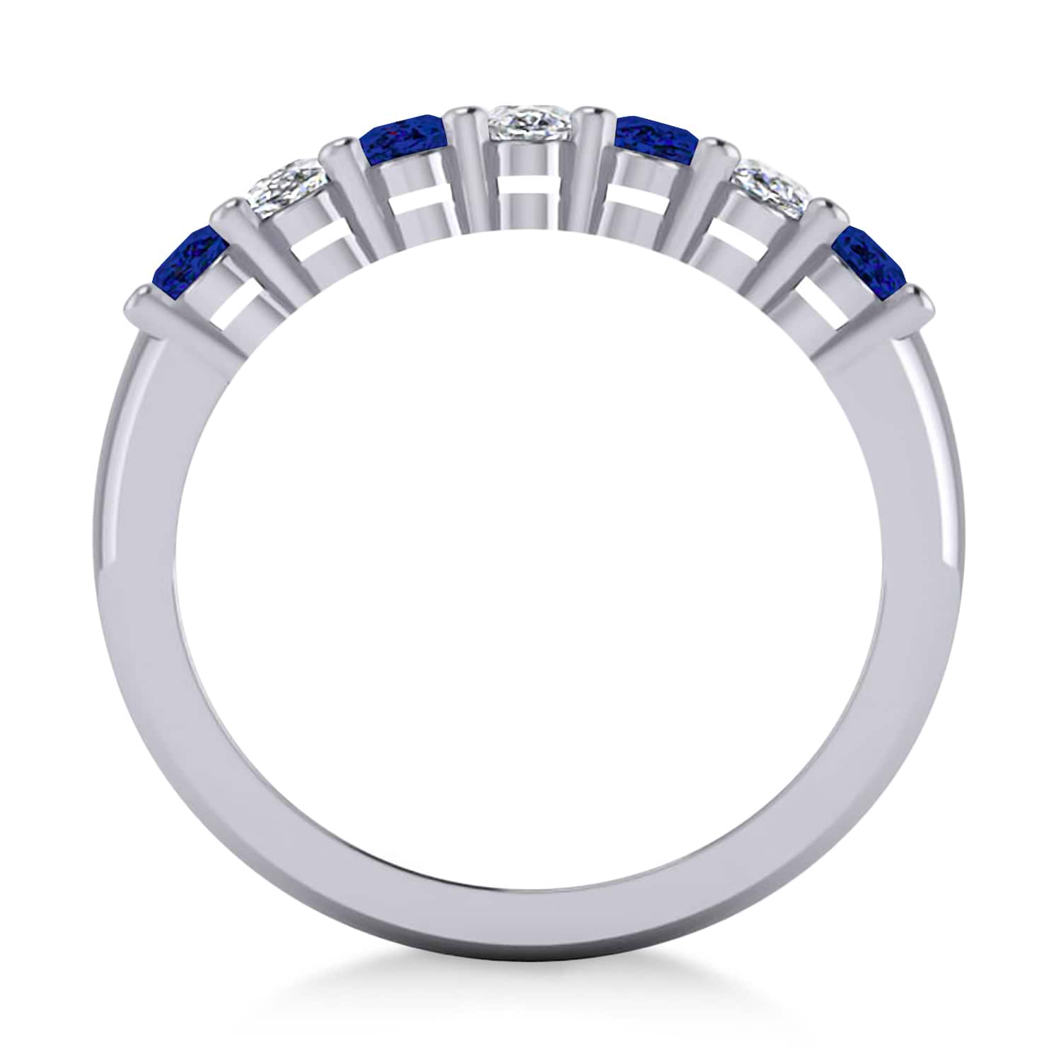 Oval Diamond & Blue Sapphire Seven Stone Ring 14k White Gold (2.15ct)