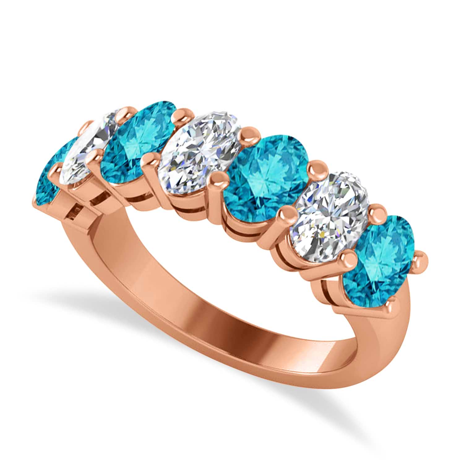 Oval Blue & White Diamond Seven Stone Ring 14k Rose Gold (3.50ct)