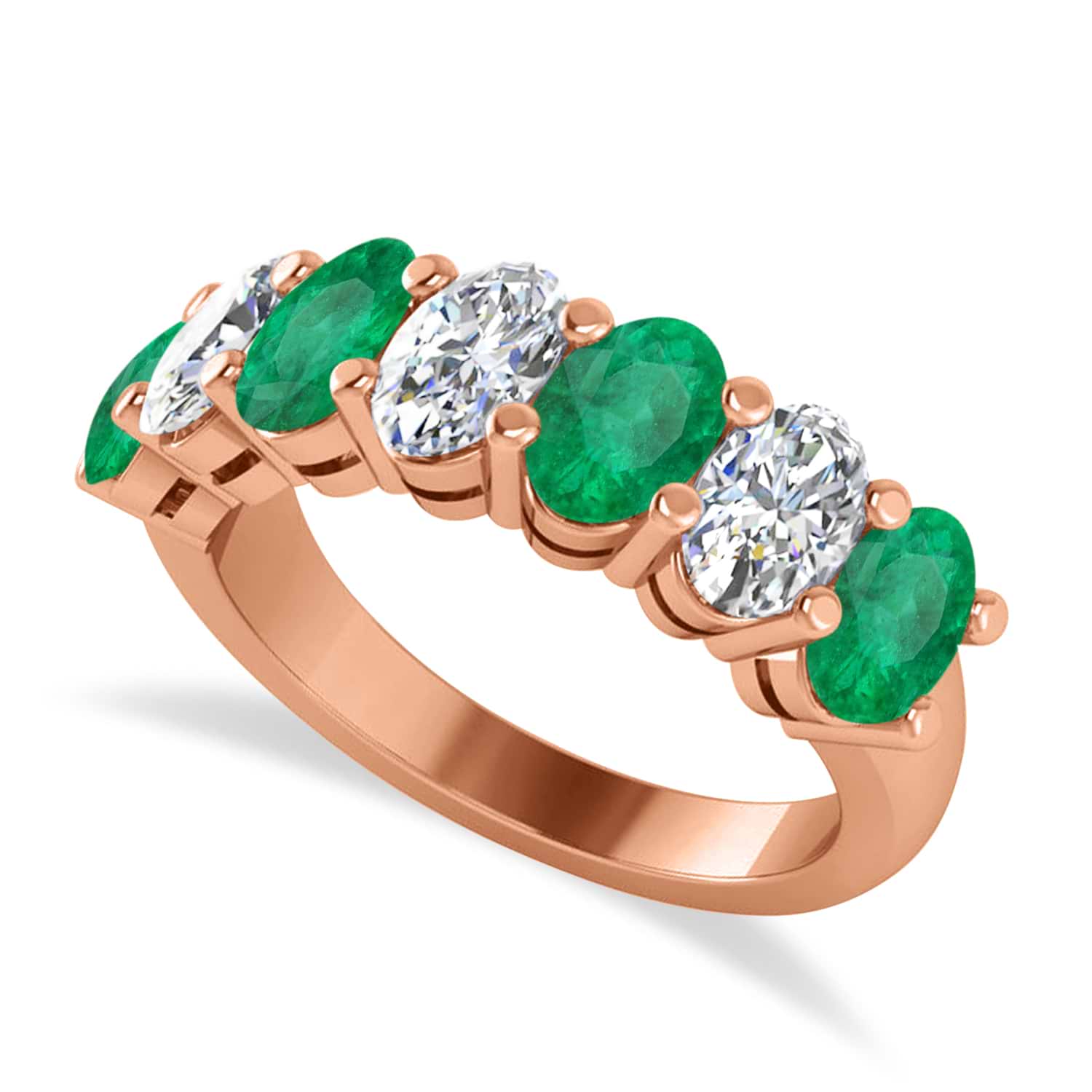 Oval Diamond & Emerald Seven Stone Ring 14k Rose Gold (3.58ct)