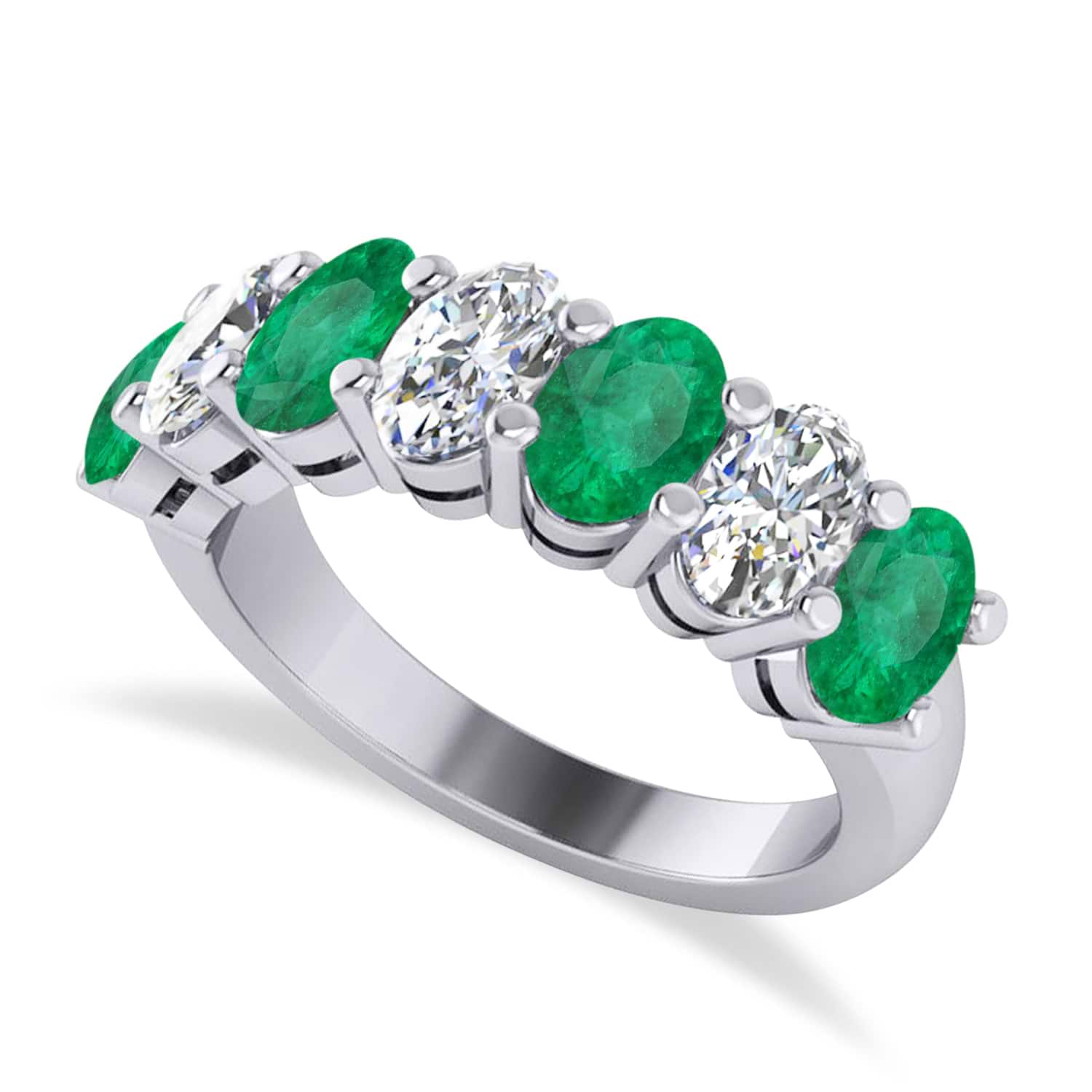 Oval Diamond & Emerald Seven Stone Ring 14k White Gold (3.58ct)