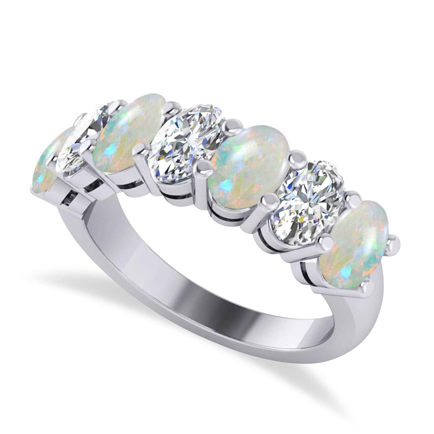 Oval Diamond & Opal Seven Stone Ring 14k White Gold (2.62ct)