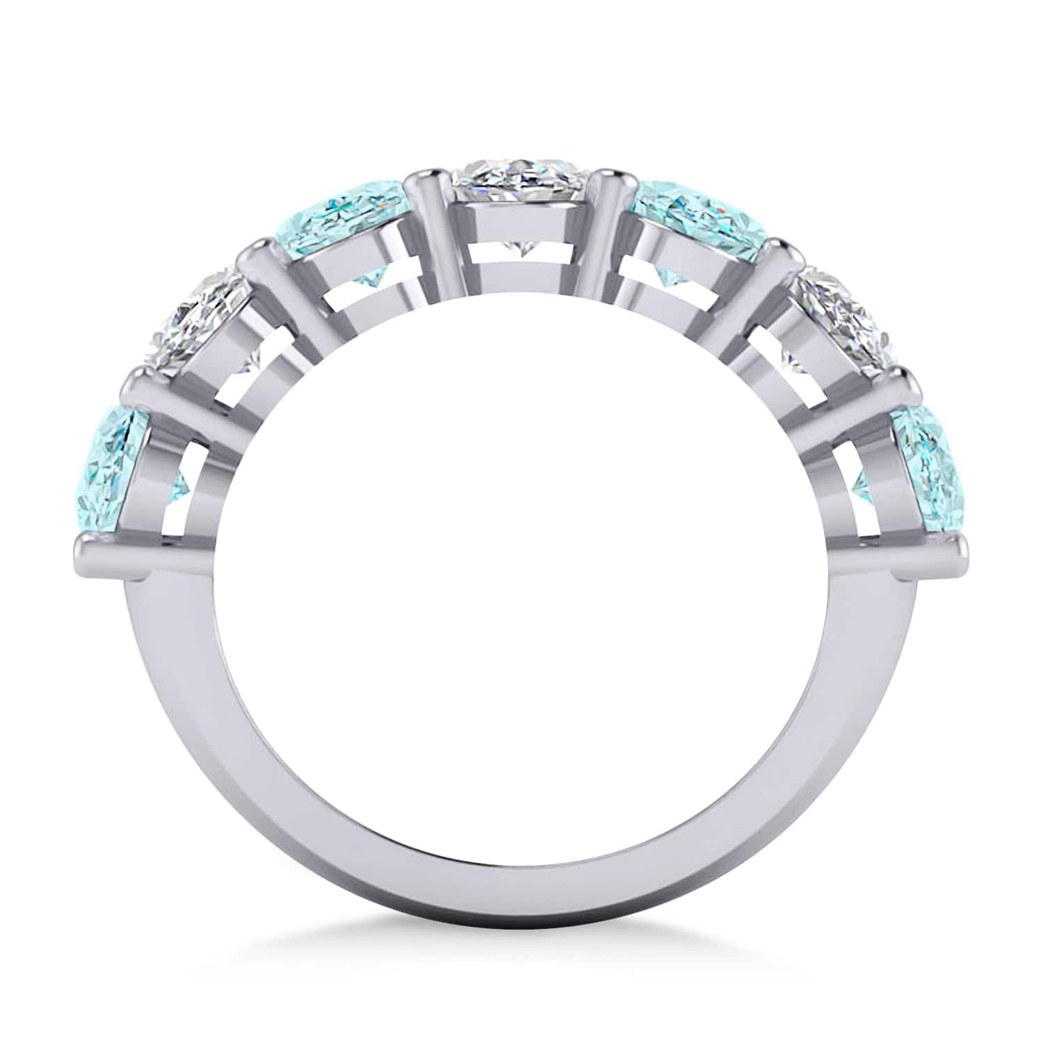 Oval Diamond & Aquamarine Seven Stone Ring 14k White Gold (1.40ct)