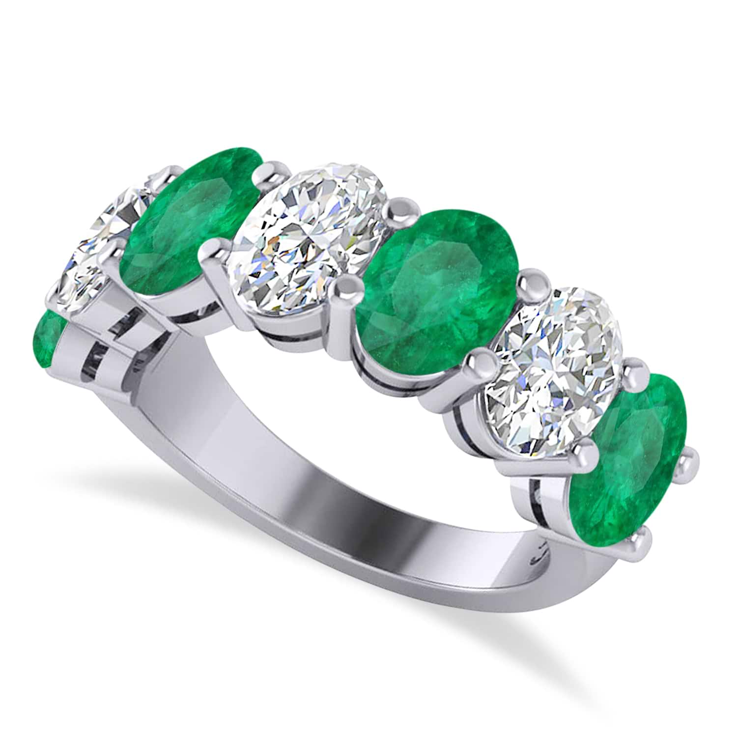 Oval Diamond & Emerald Seven Stone Ring 14k White Gold (6.40ct)