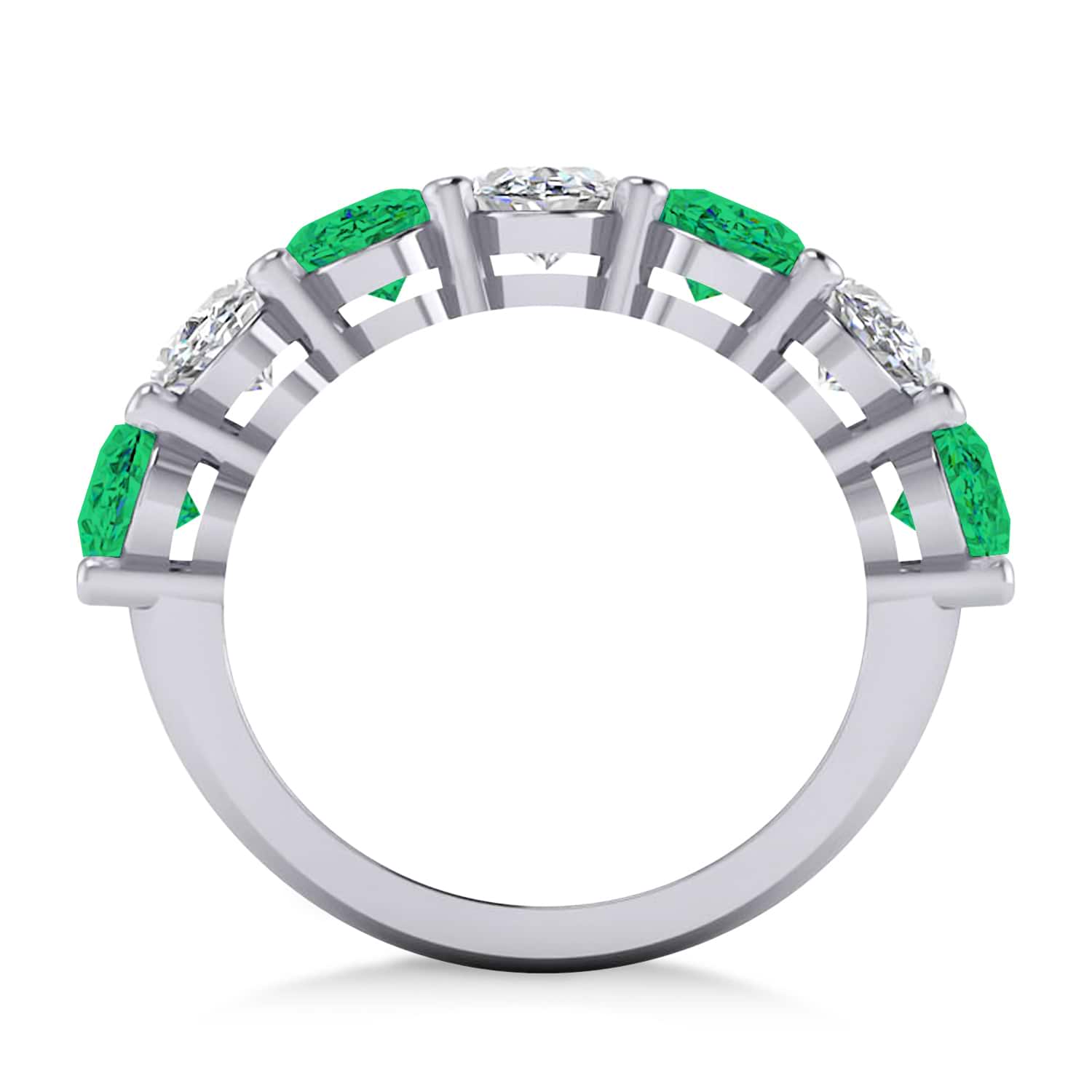 Oval Diamond & Emerald Seven Stone Ring 14k White Gold (6.40ct)