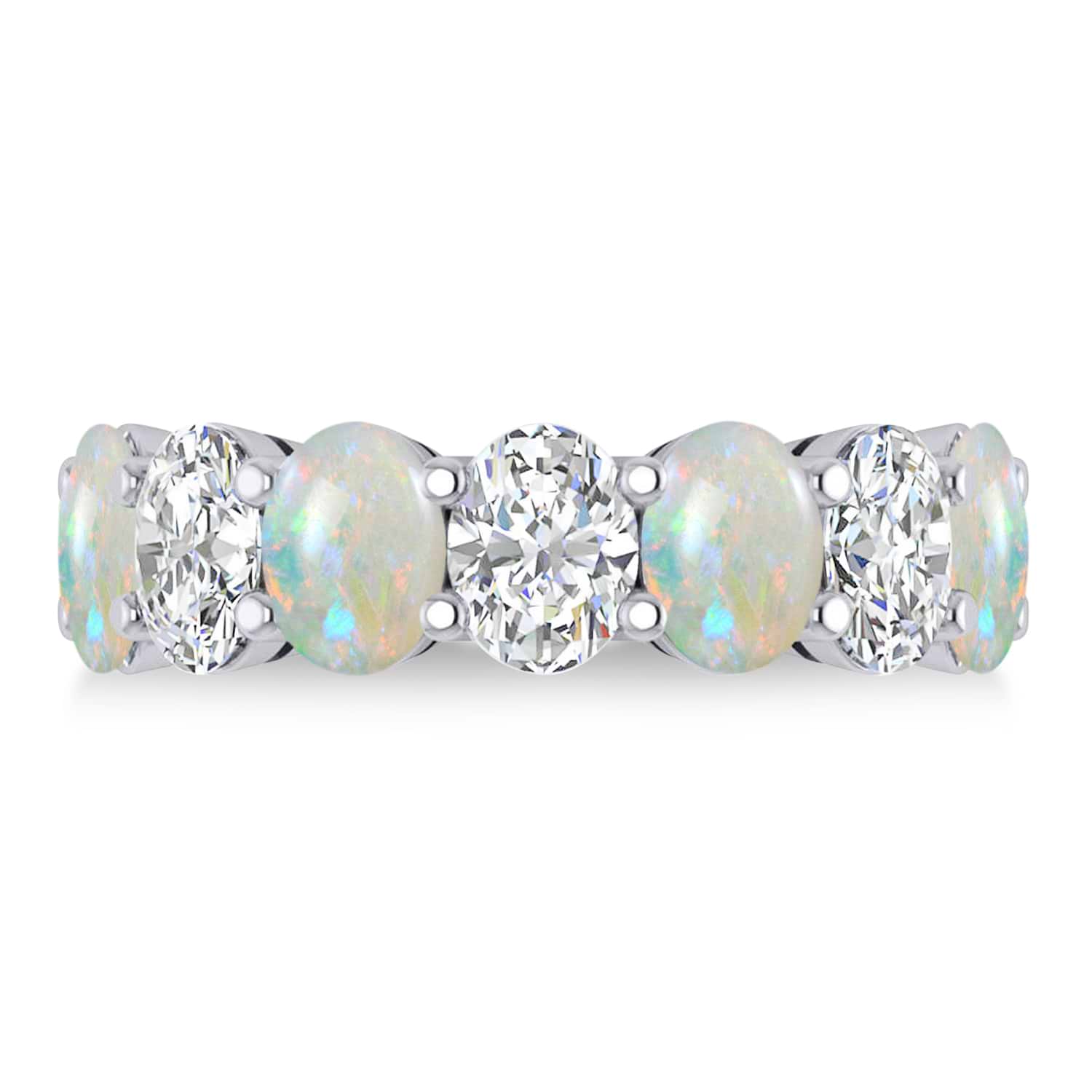 Oval Diamond & Opal Seven Stone Ring 14k White Gold (4.88ct)