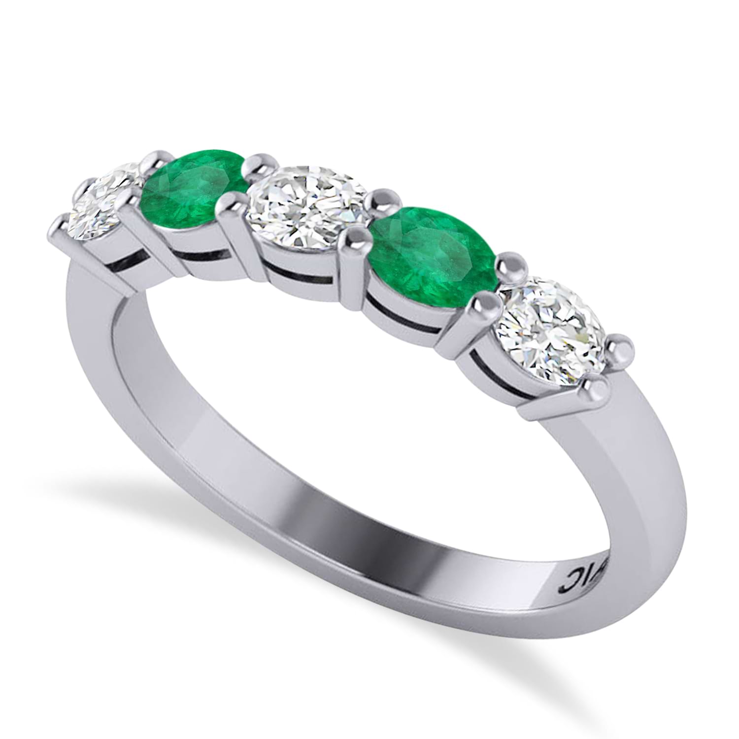 Oval Diamond & Emerald Five Stone Ring 14k White Gold (1.00ct)
