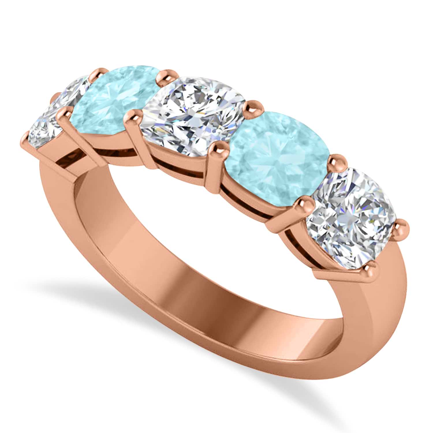 Cushion Diamond & Aquamarine Five Stone Ring 14k Rose Gold (2.70ct)