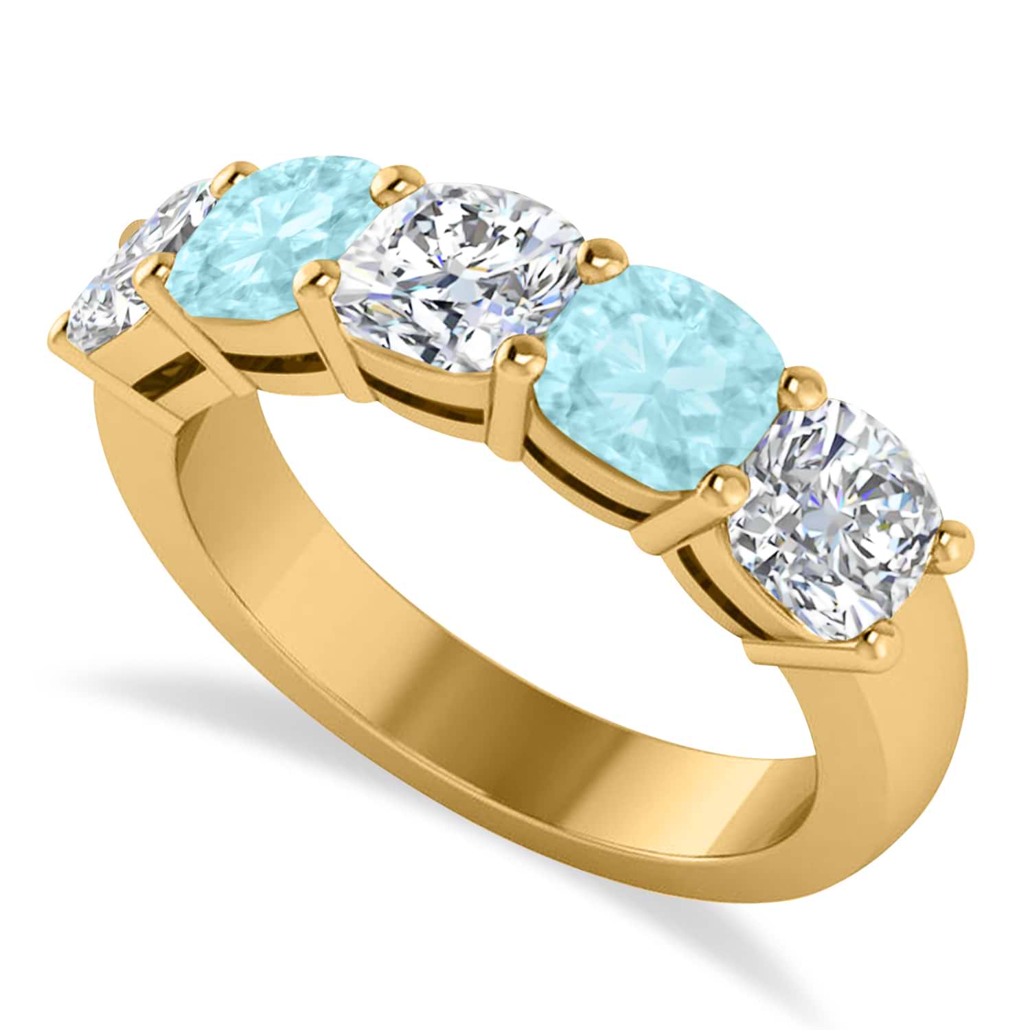 Cushion Diamond & Aquamarine Five Stone Ring 14k Yellow Gold (2.70ct)