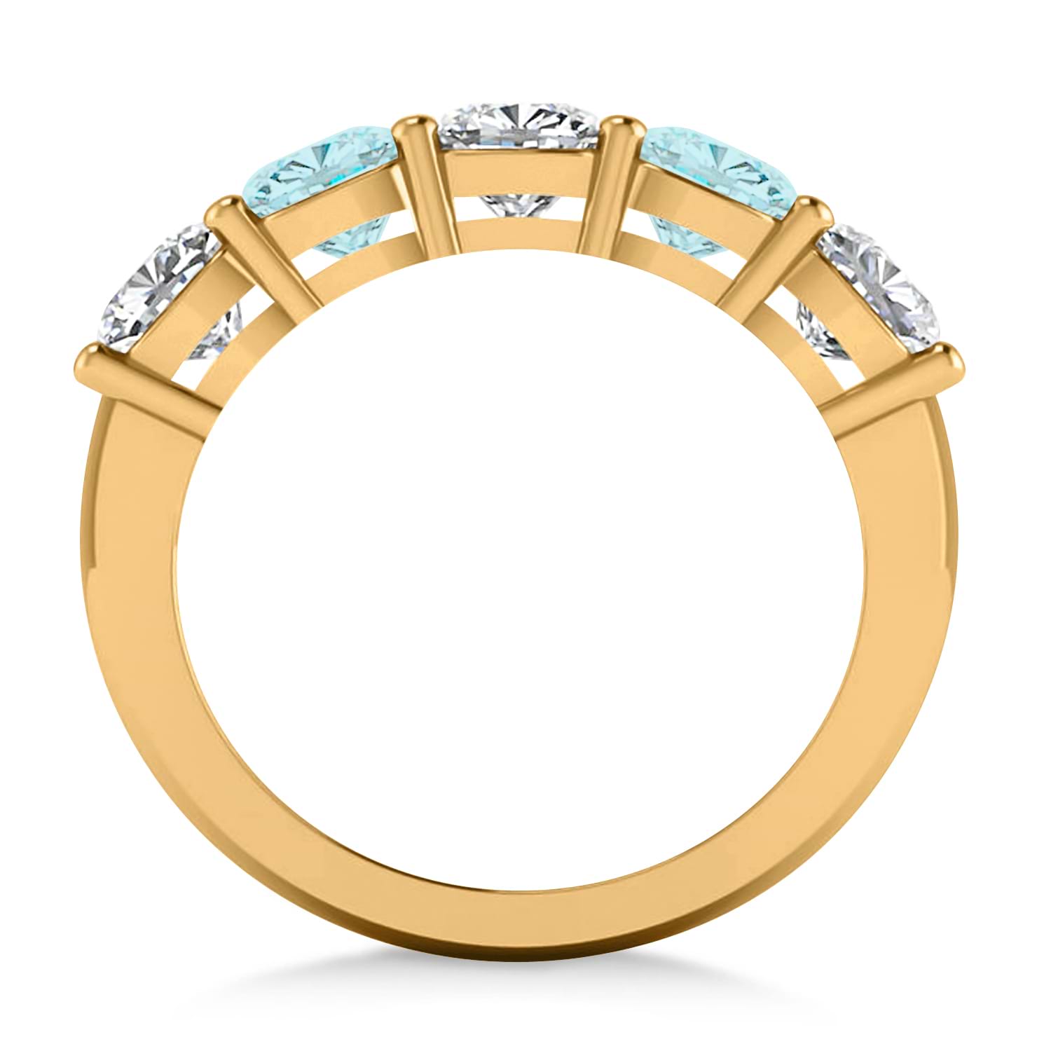 Cushion Diamond & Aquamarine Five Stone Ring 14k Yellow Gold (2.70ct)