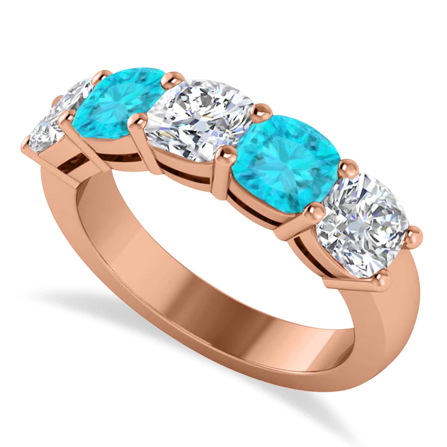 Cushion Blue & White Diamond Five Stone Ring 14k Rose Gold (2.50ct)