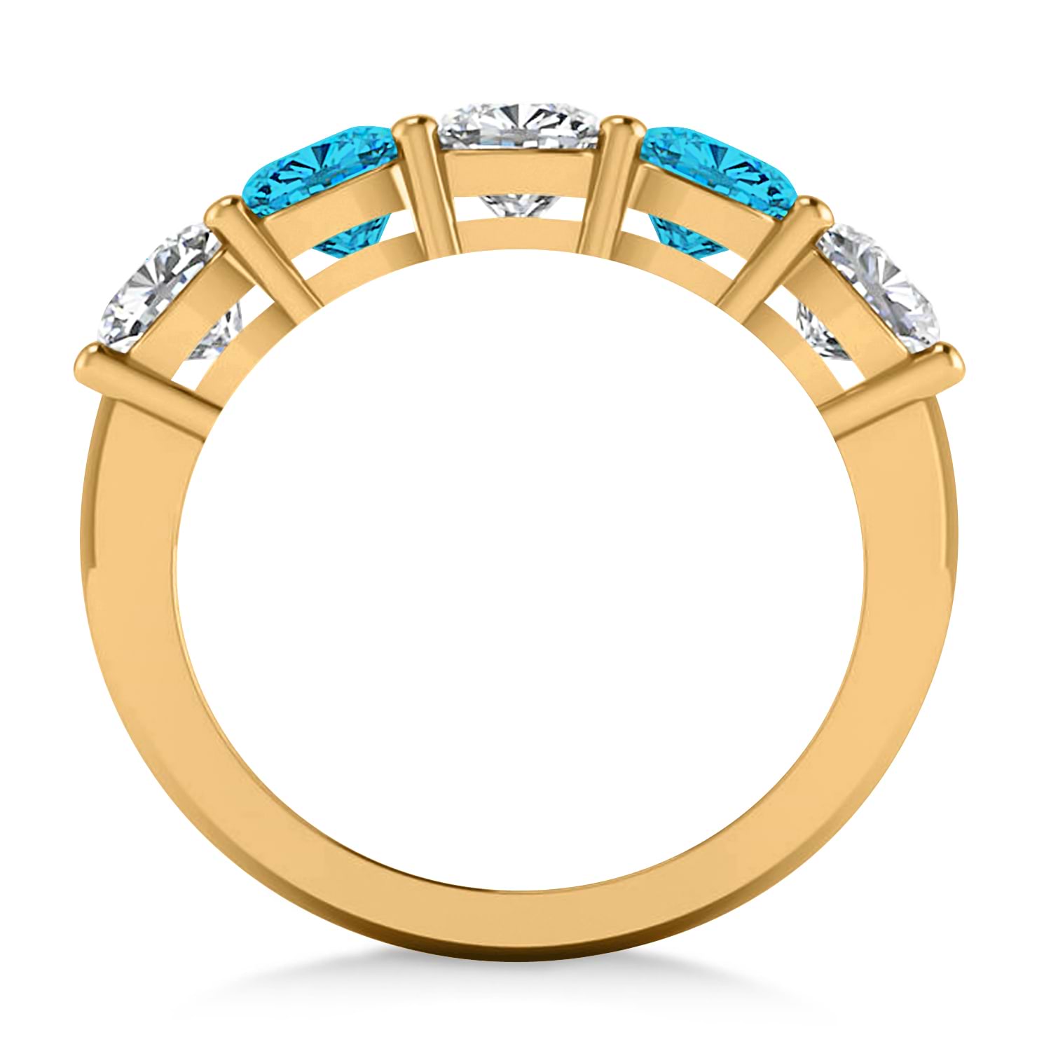 Cushion Blue & White Diamond Five Stone Ring 14k Yellow Gold (2.50ct)
