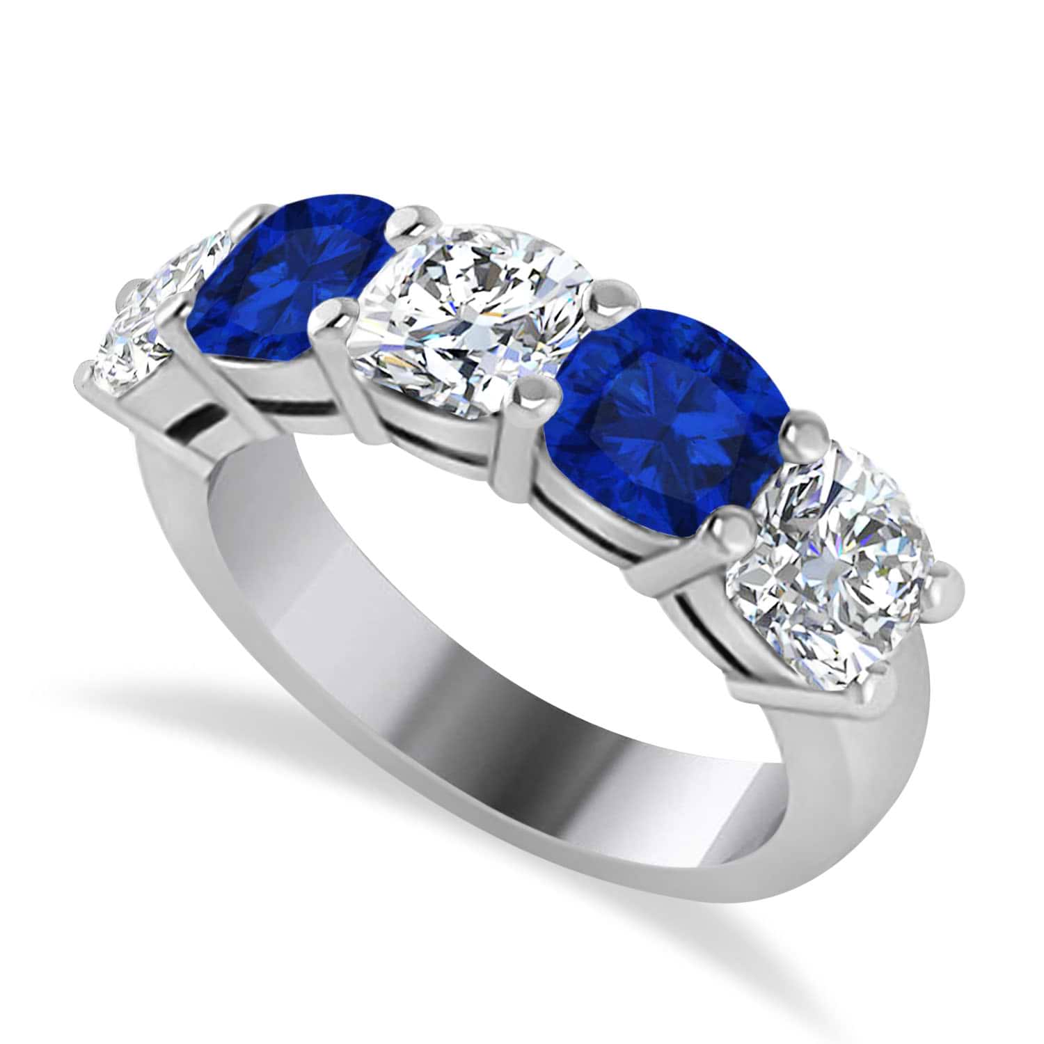 Cushion Diamond & Blue Sapphire Five Stone Ring 14k White Gold (2.70ct)