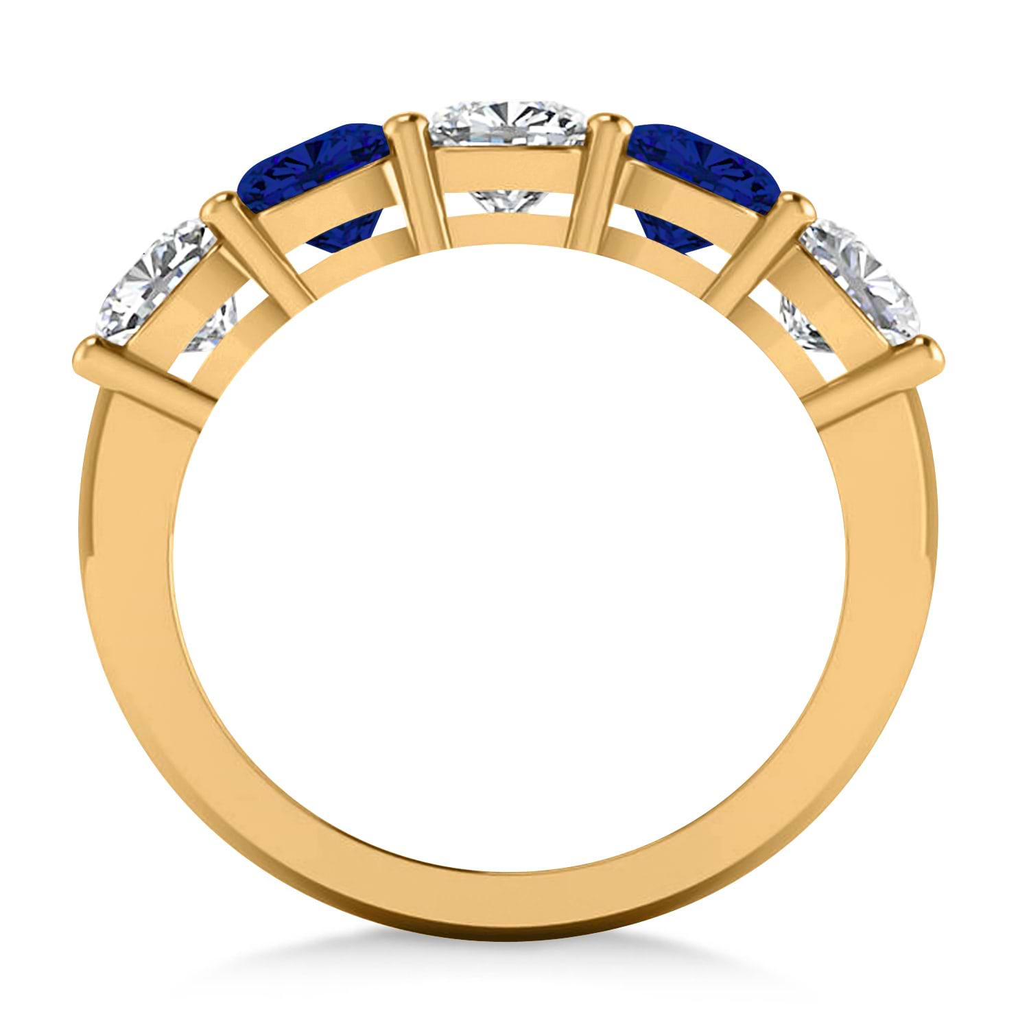 Cushion Diamond & Blue Sapphire Five Stone Ring 14k Yellow Gold (2.70ct)