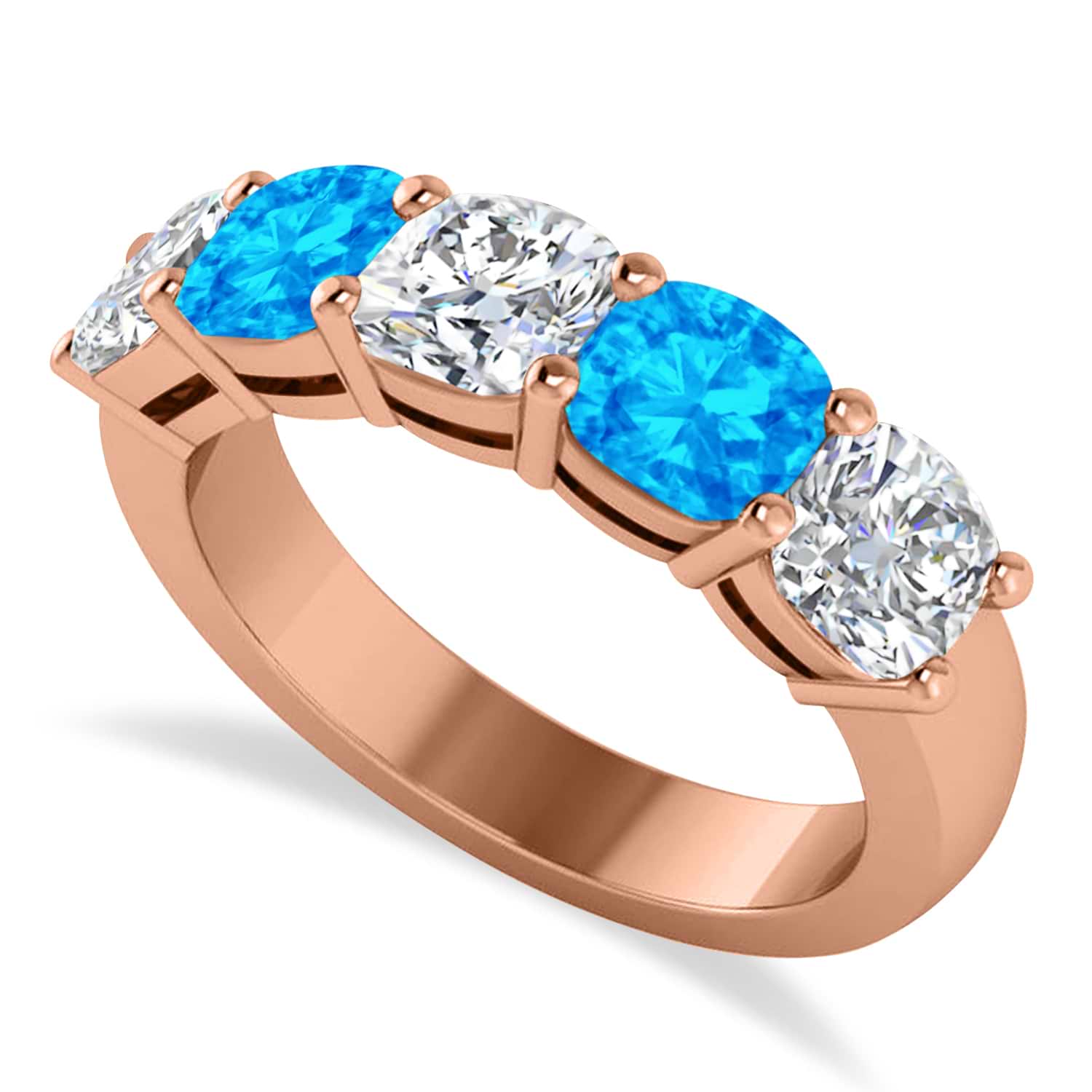 Cushion Diamond & Blue Topaz Five Stone Ring 14k Rose Gold (2.70ct)