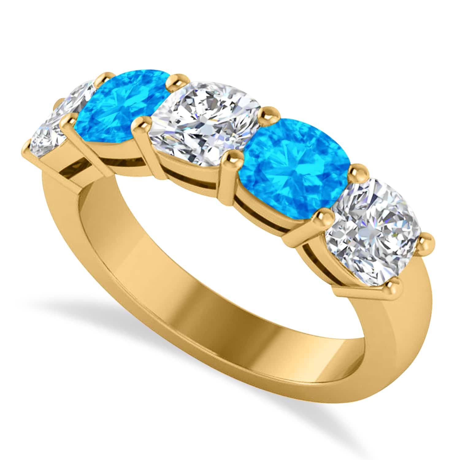 Cushion Diamond & Blue Topaz Five Stone Ring 14k Yellow Gold (2.70ct)