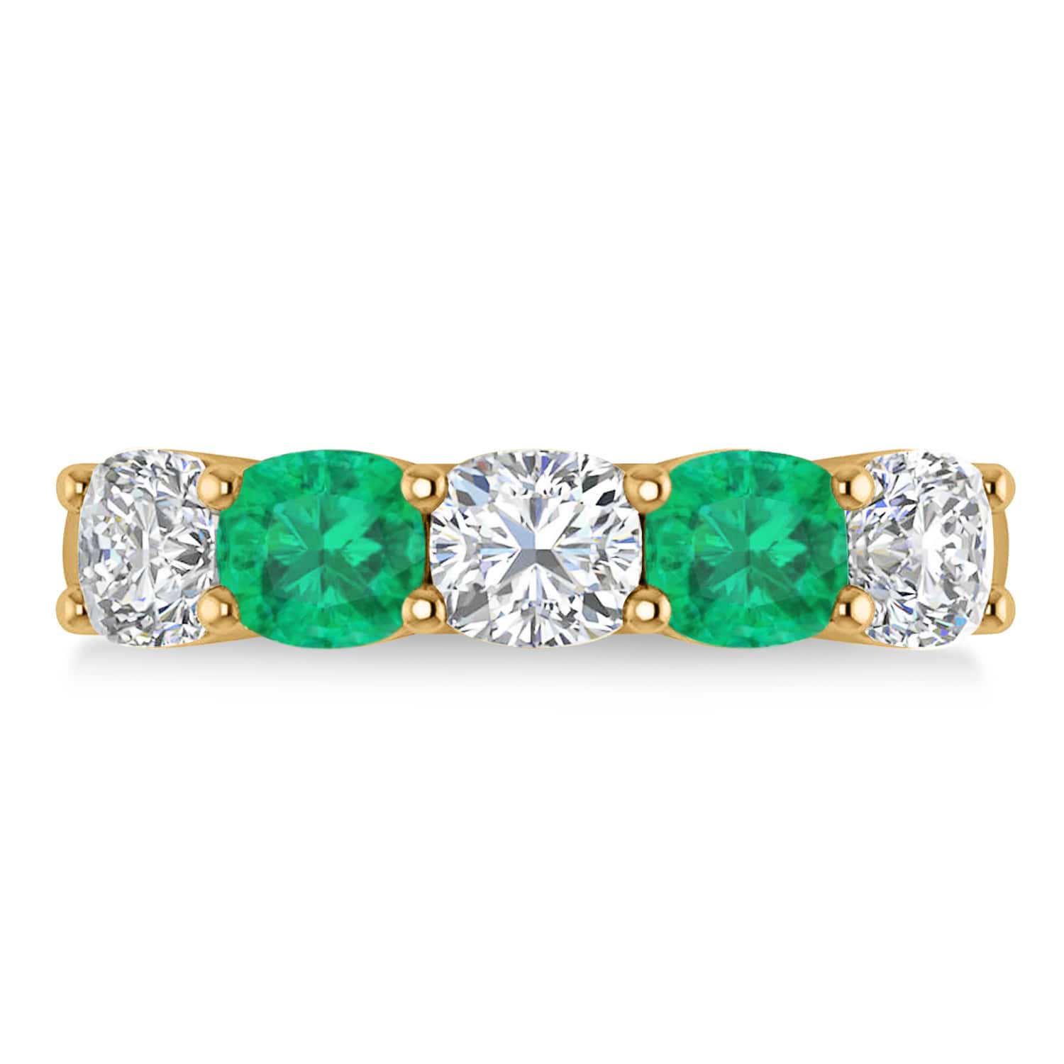 Cushion Diamond & Emerald Five Stone Ring 14k Yellow Gold (2.70ct)