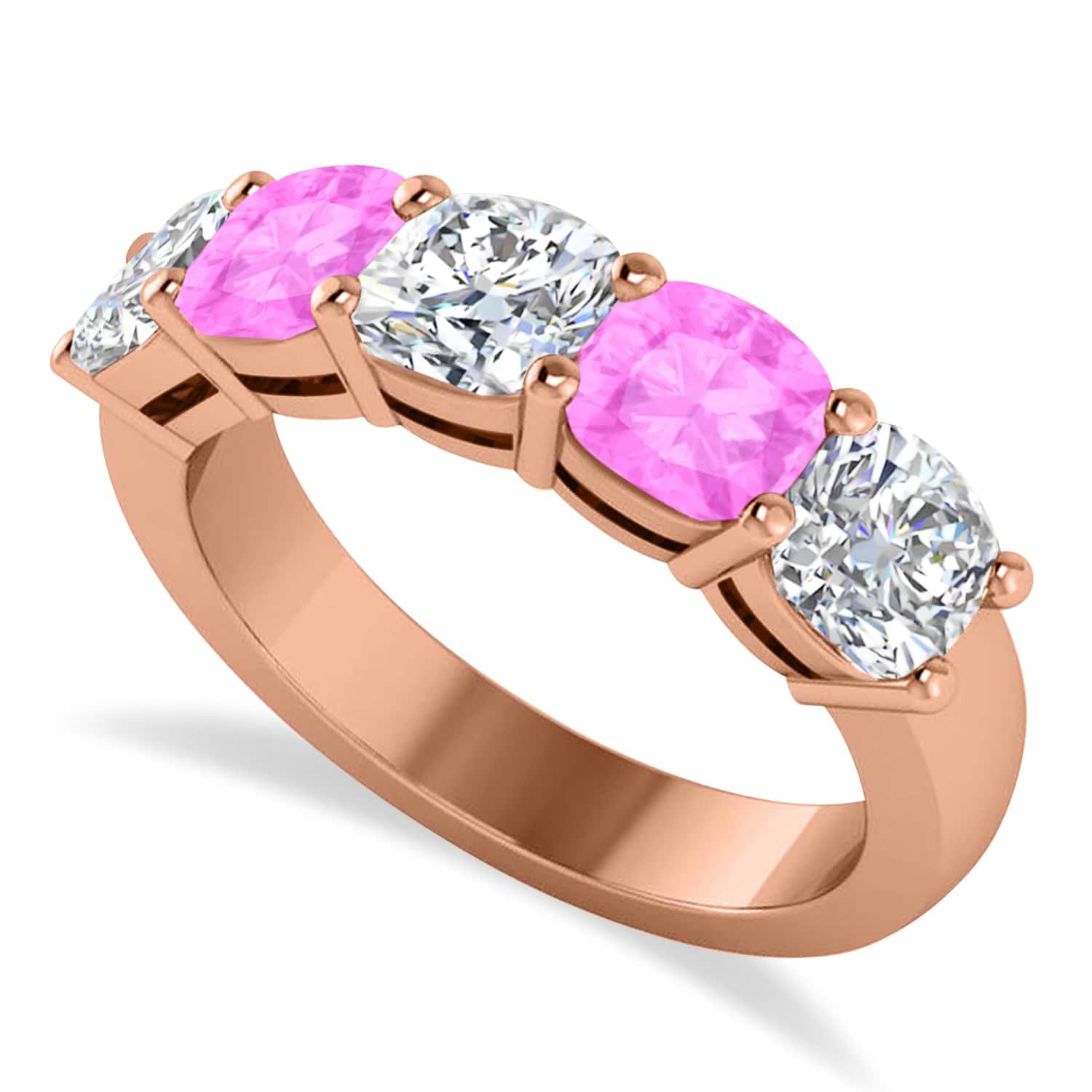 Cushion Diamond & Pink Sapphire Five Stone Ring 14k Rose Gold (2.70ct)