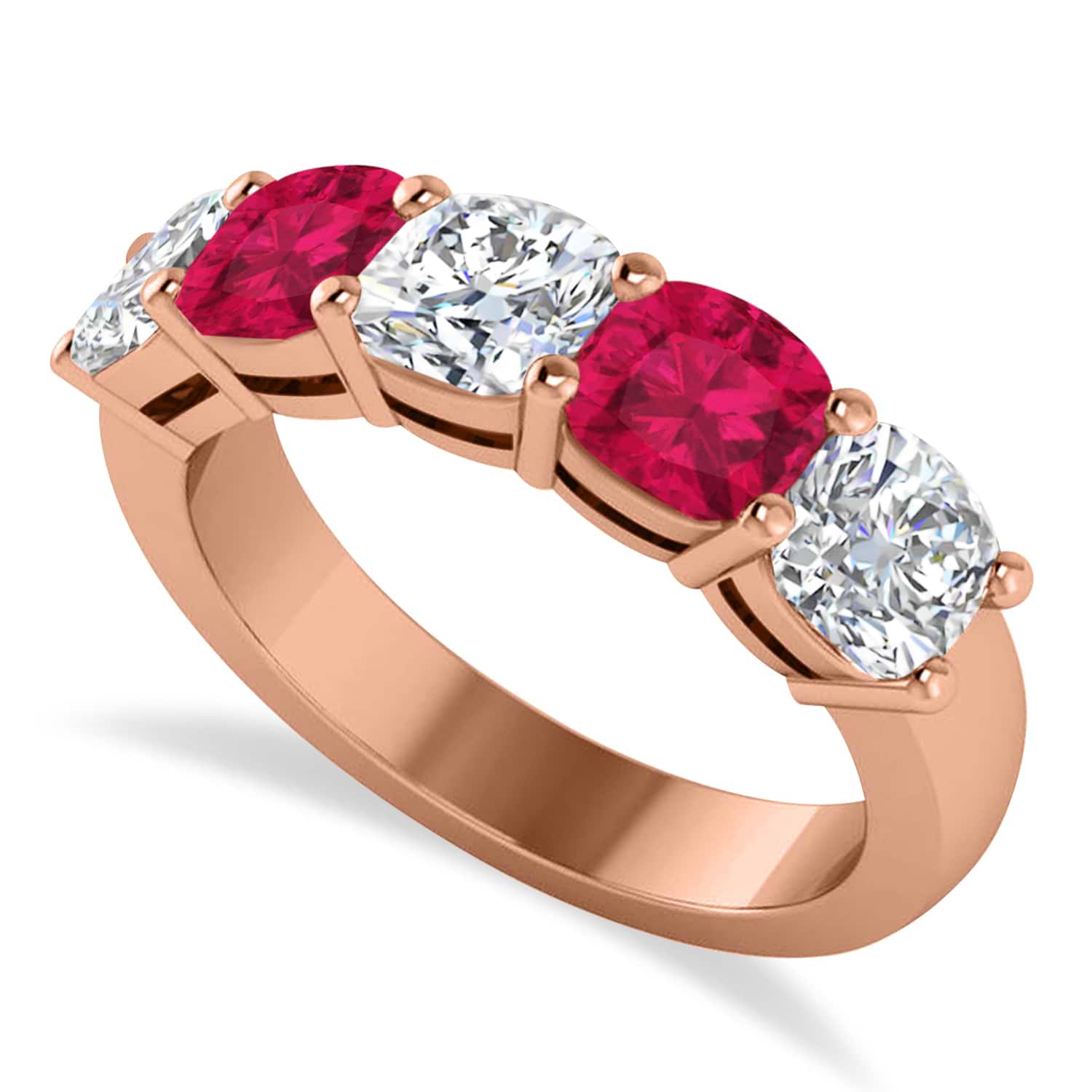 Cushion Diamond & Ruby Five Stone Ring 14k Rose Gold (2.70ct)