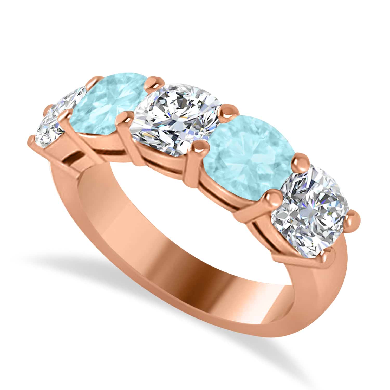 Cushion Diamond & Aquamarine Five Stone Ring 14k Rose Gold (4.05ct)