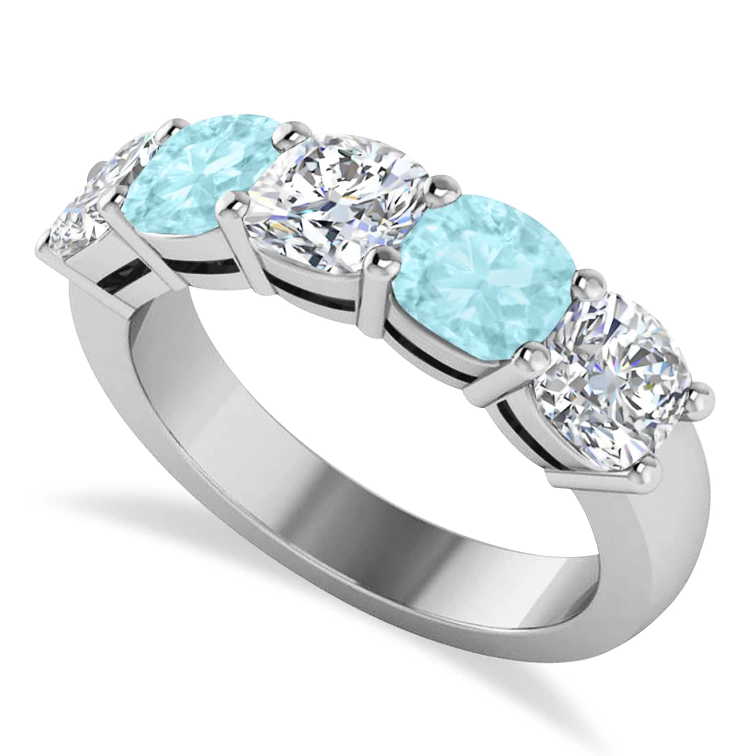 Cushion Diamond & Aquamarine Five Stone Ring 14k White Gold (4.05ct)