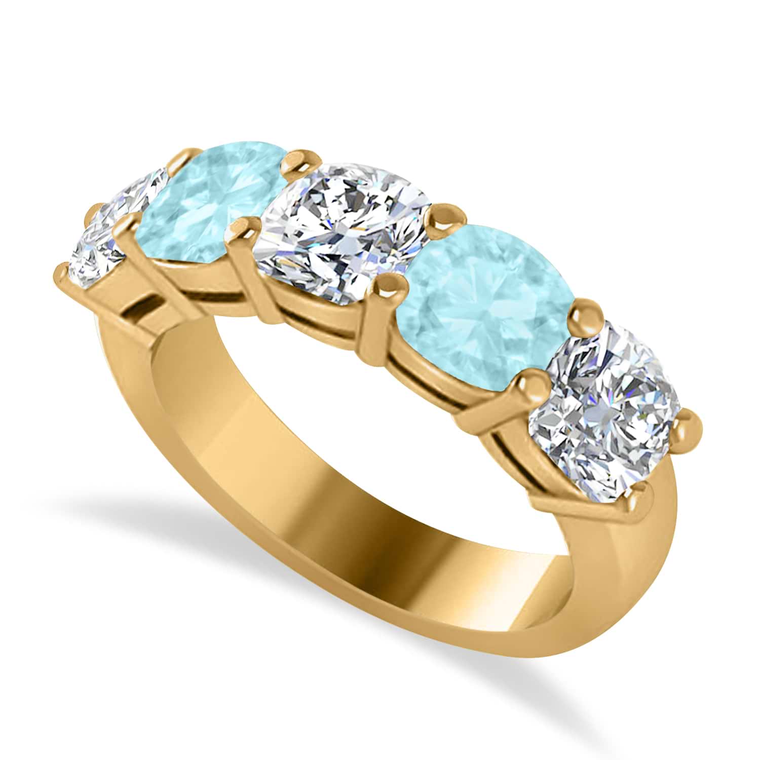 Cushion Diamond & Aquamarine Five Stone Ring 14k Yellow Gold (4.05ct)