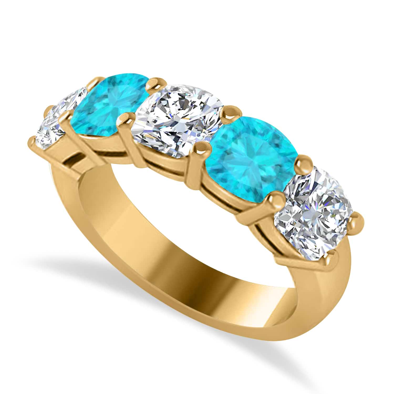 Cushion Blue & White Diamond Five Stone Ring 14k Yellow Gold (3.75ct)