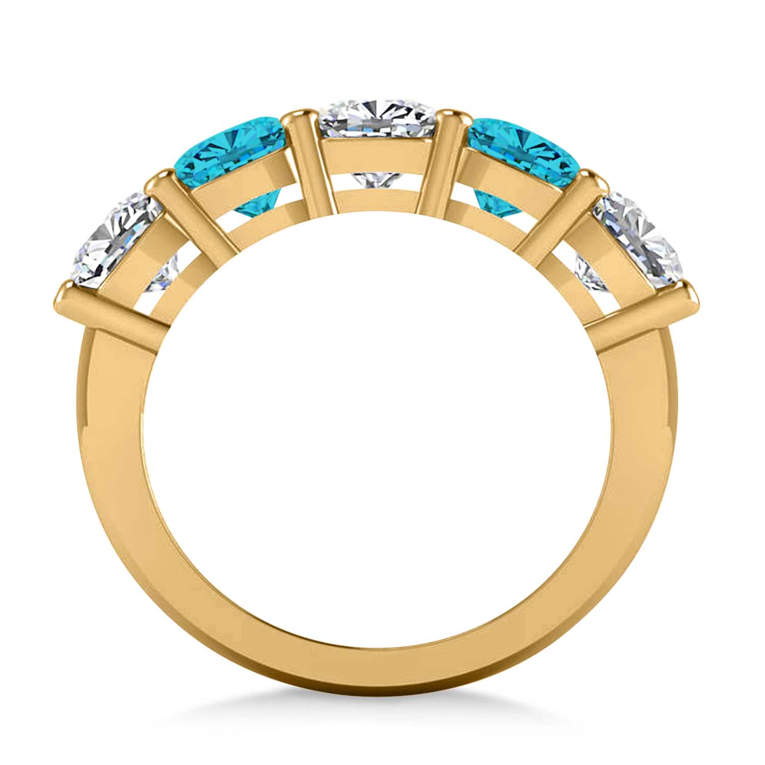 Cushion Blue & White Diamond Five Stone Ring 14k Yellow Gold (3.75ct)