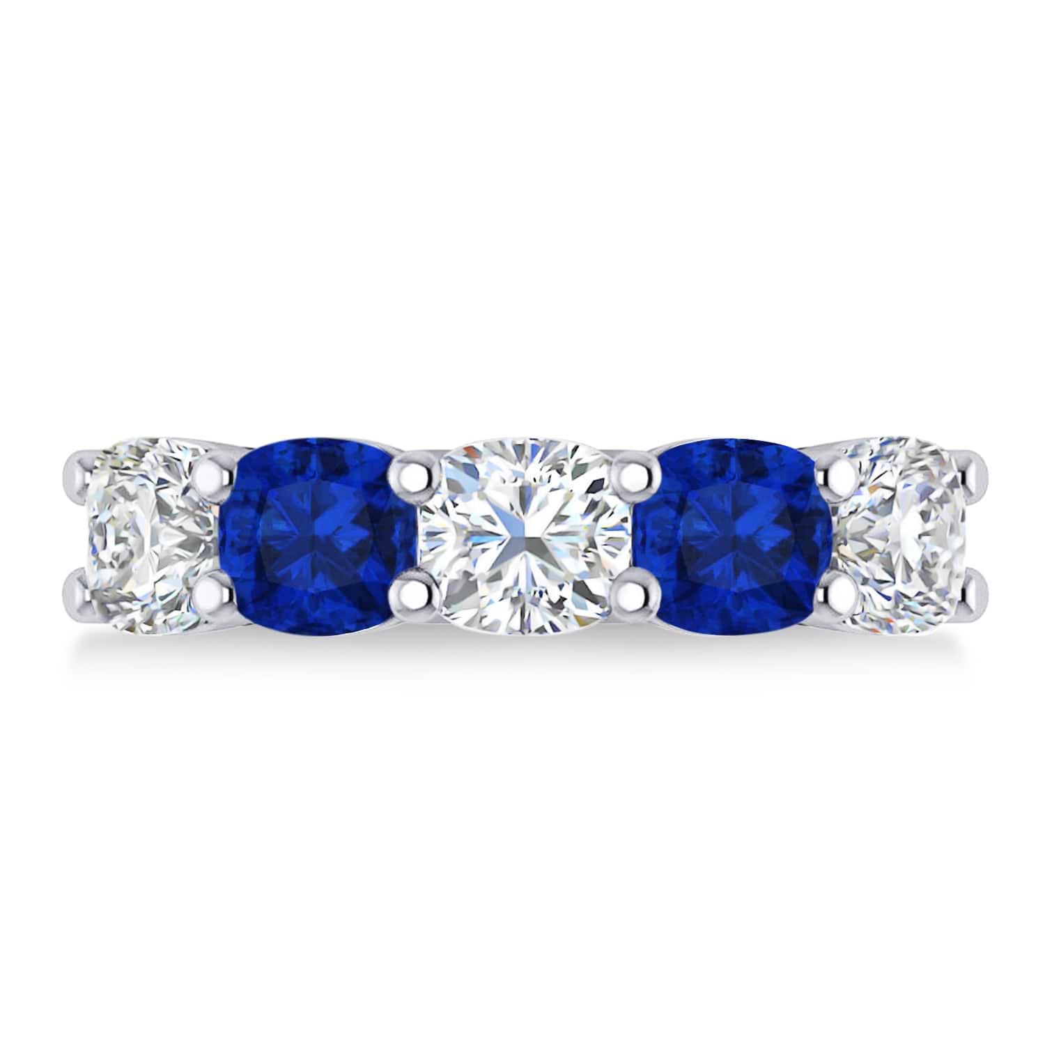 Cushion Diamond & Blue Sapphire Five Stone Ring 14k White Gold (4.05ct)