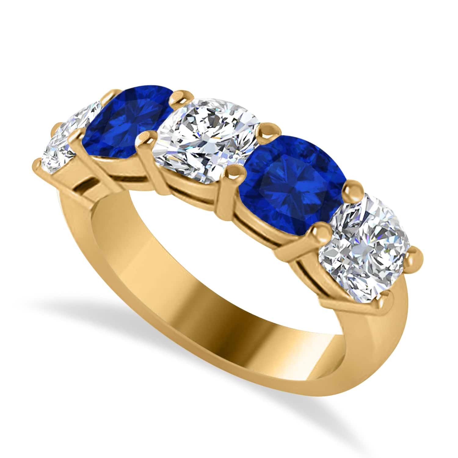 Cushion Diamond & Blue Sapphire Five Stone Ring 14k Yellow Gold (4.05ct)