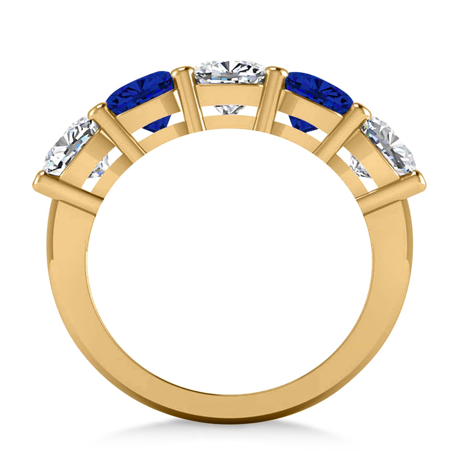 Cushion Diamond & Blue Sapphire Five Stone Ring 14k Yellow Gold (4.05ct)