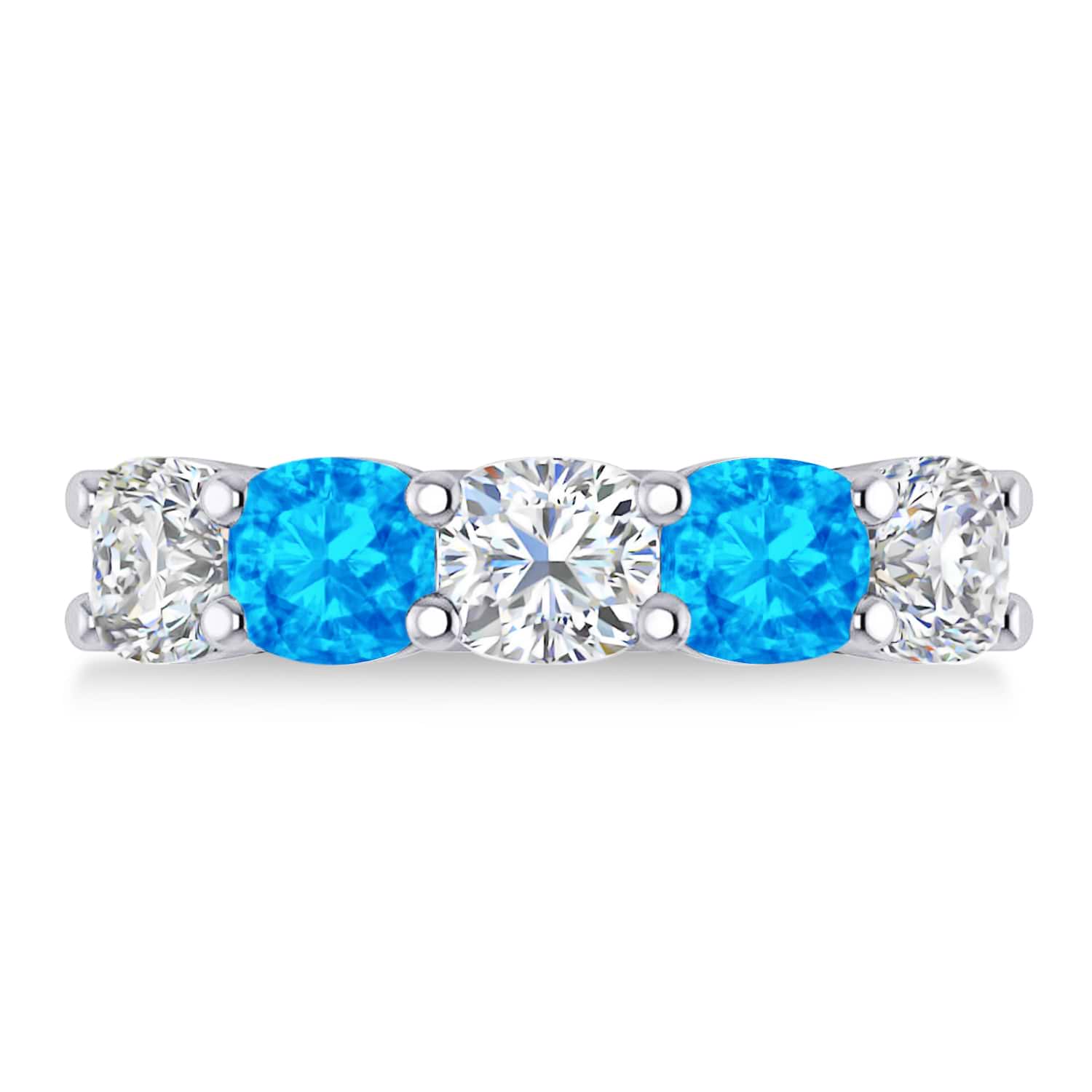 Cushion Diamond & Blue Topaz Five Stone Ring 14k White Gold (4.05ct)