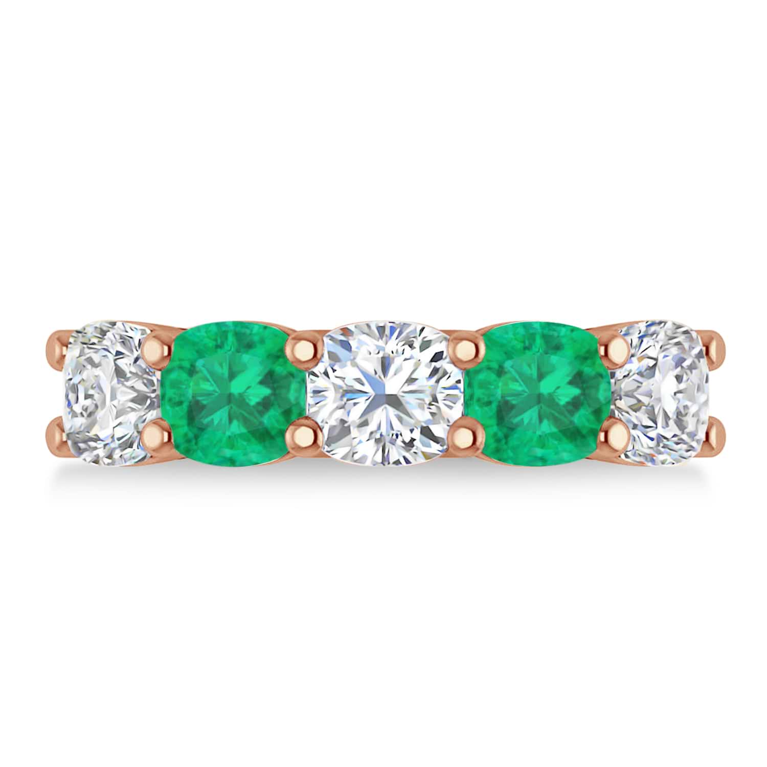Cushion Diamond & Emerald Five Stone Ring 14k Rose Gold (4.05ct)