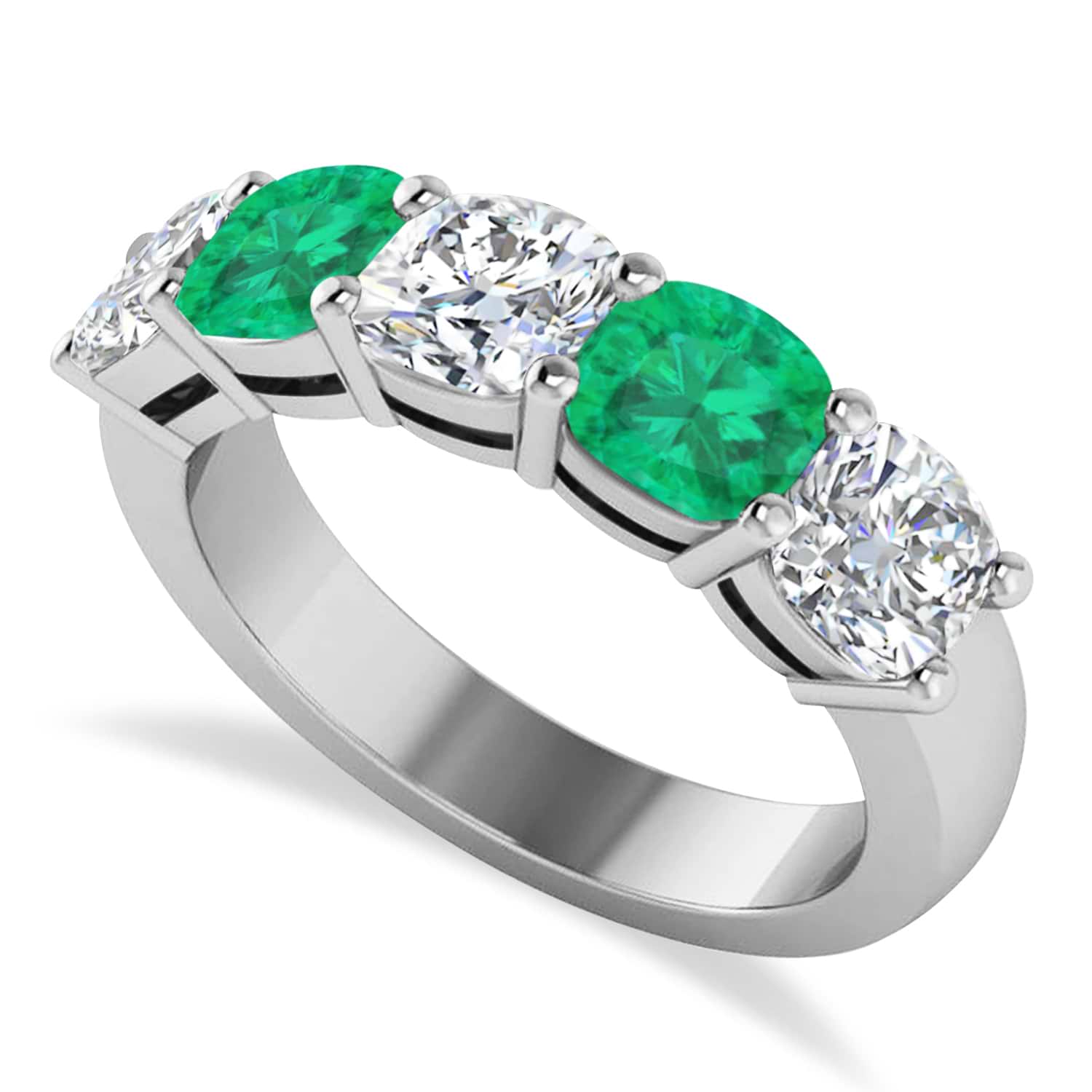 Cushion Diamond & Emerald Five Stone Ring 14k White Gold (4.05ct)