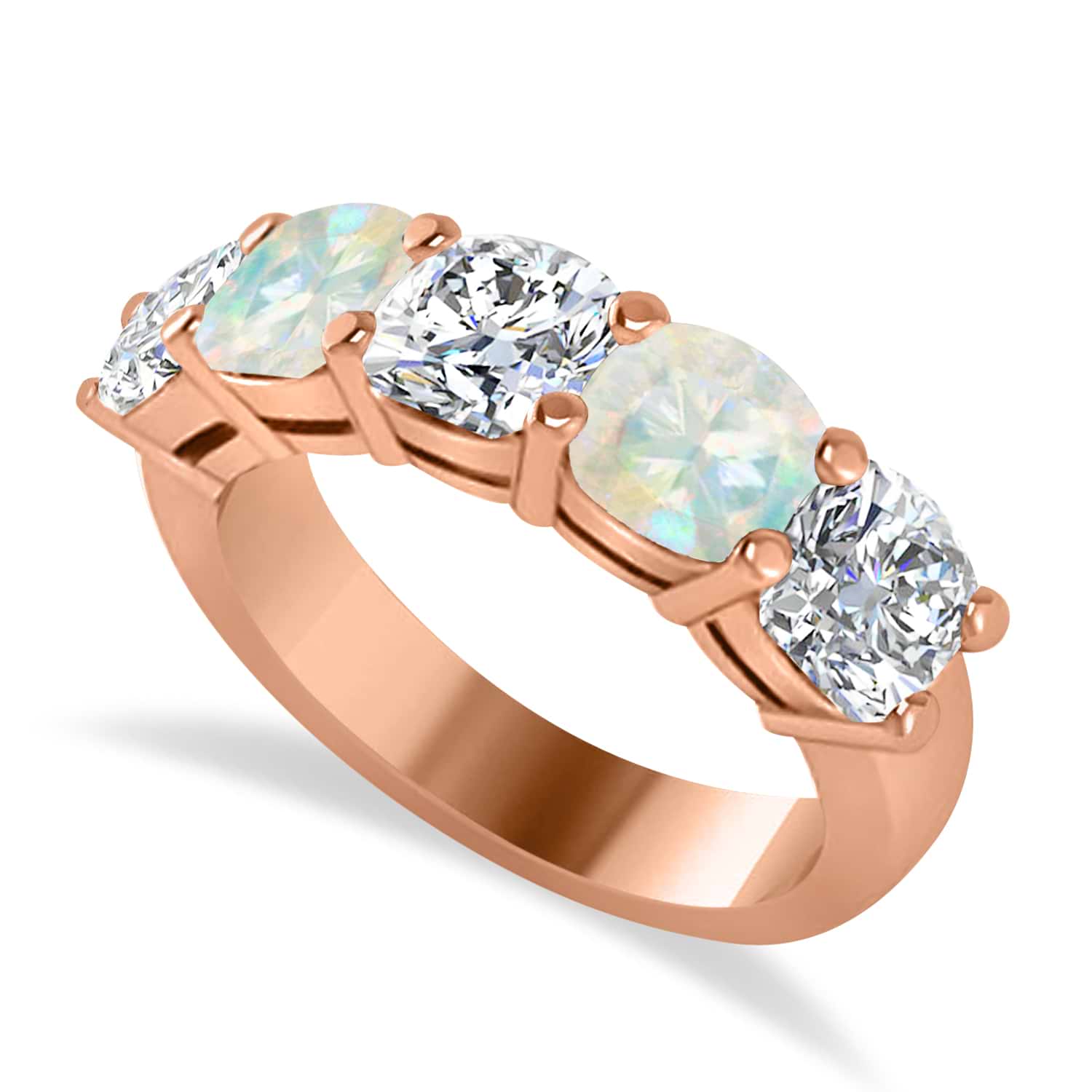 Cushion Diamond & Opal Five Stone Ring 14k Rose Gold (4.05ct)