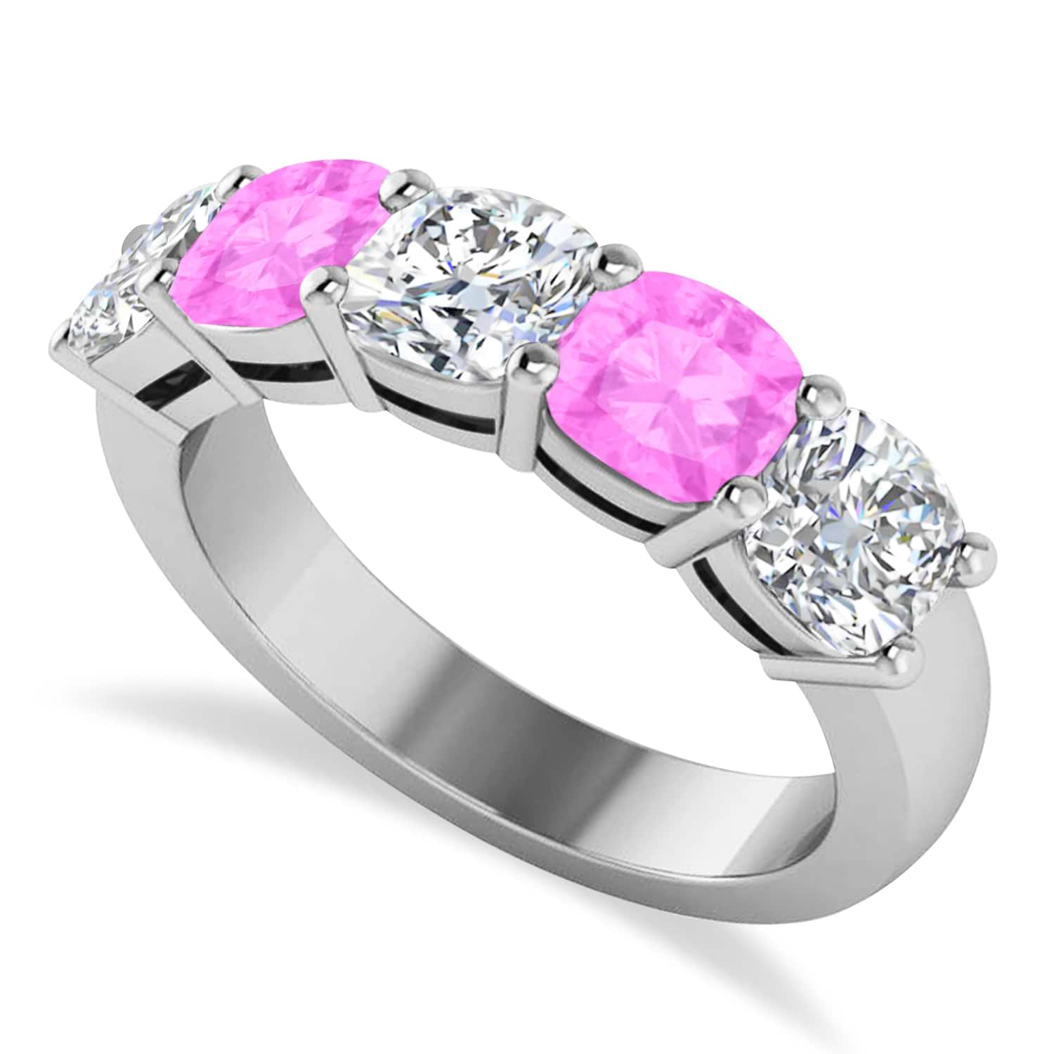 Cushion Diamond & Pink Sapphire Five Stone Ring 14k White Gold (4.05ct)