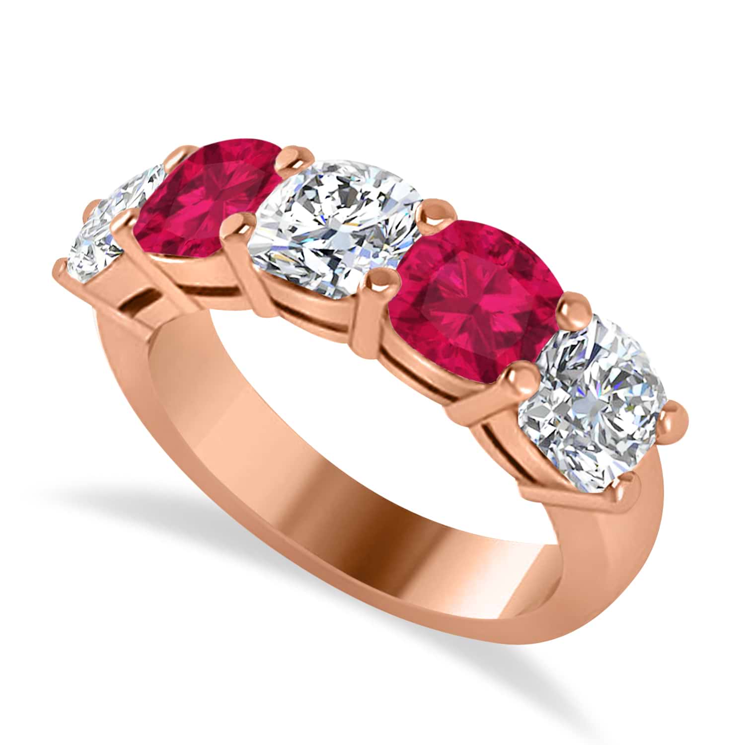 Cushion Diamond & Ruby Five Stone Ring 14k Rose Gold (4.05ct)