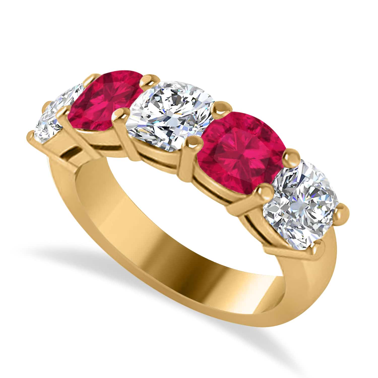 Cushion Diamond & Ruby Five Stone Ring 14k Yellow Gold (4.05ct)