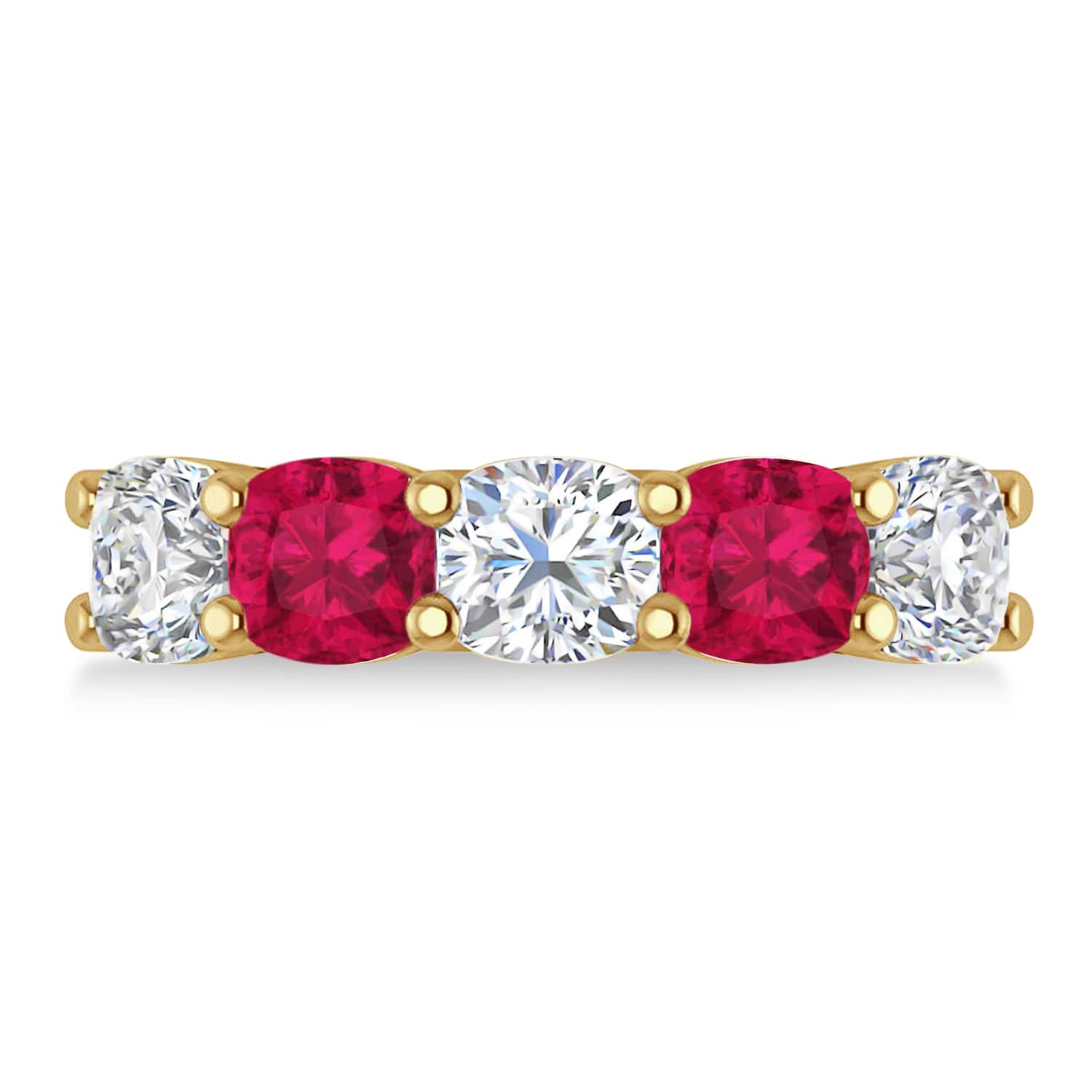 Cushion Diamond & Ruby Five Stone Ring 14k Yellow Gold (4.05ct)