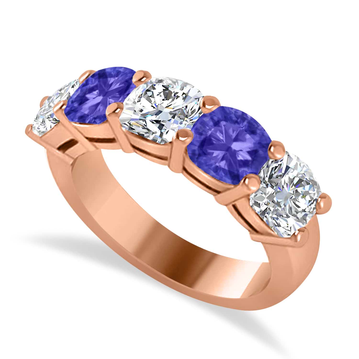 Cushion Diamond & Tanzanite Five Stone Ring 14k Rose Gold (4.05ct)